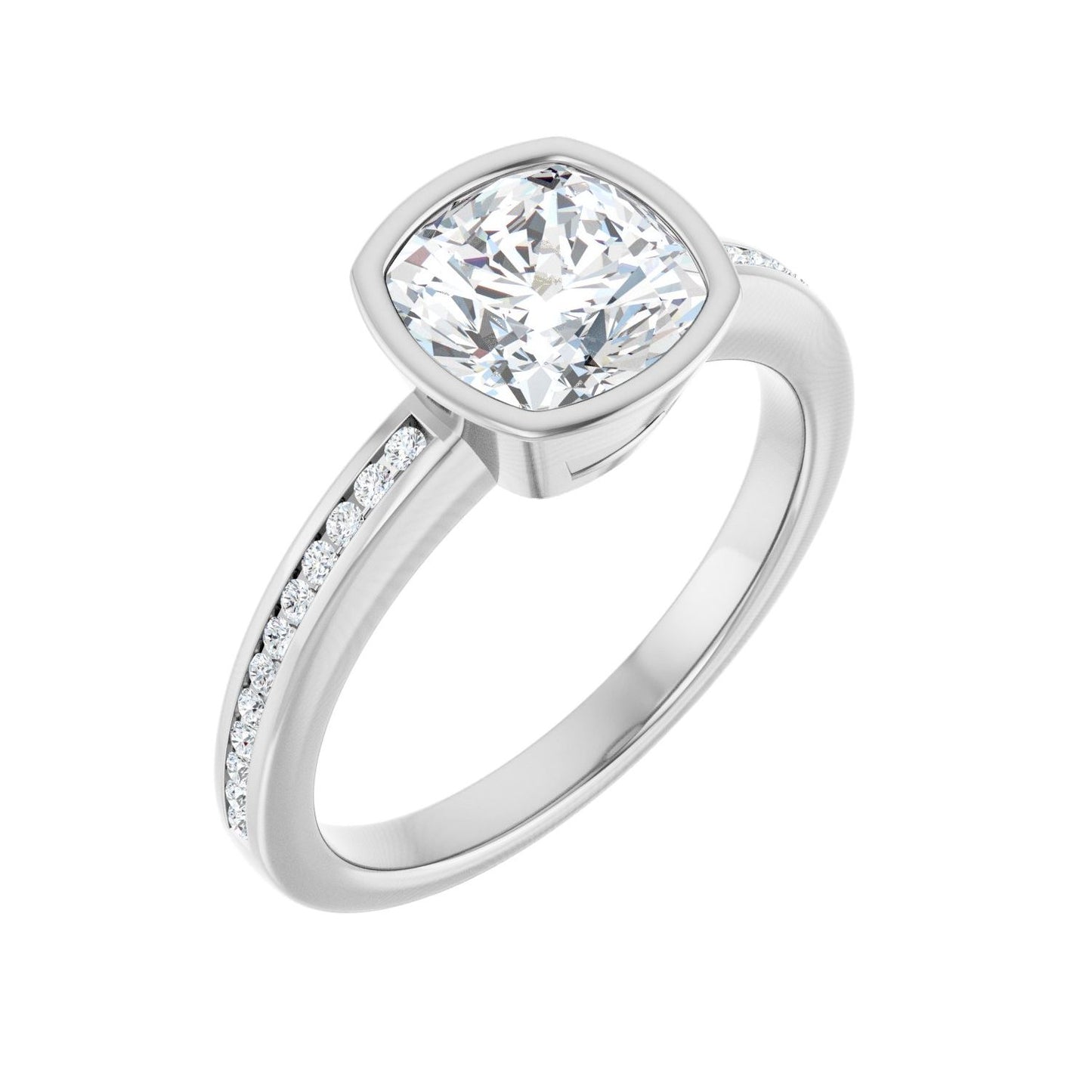 Cushion Bezel-Set Solitaire Engagement Ring | Metal Type=14K White Gold | Center Stone Size=2 CT | Image 1