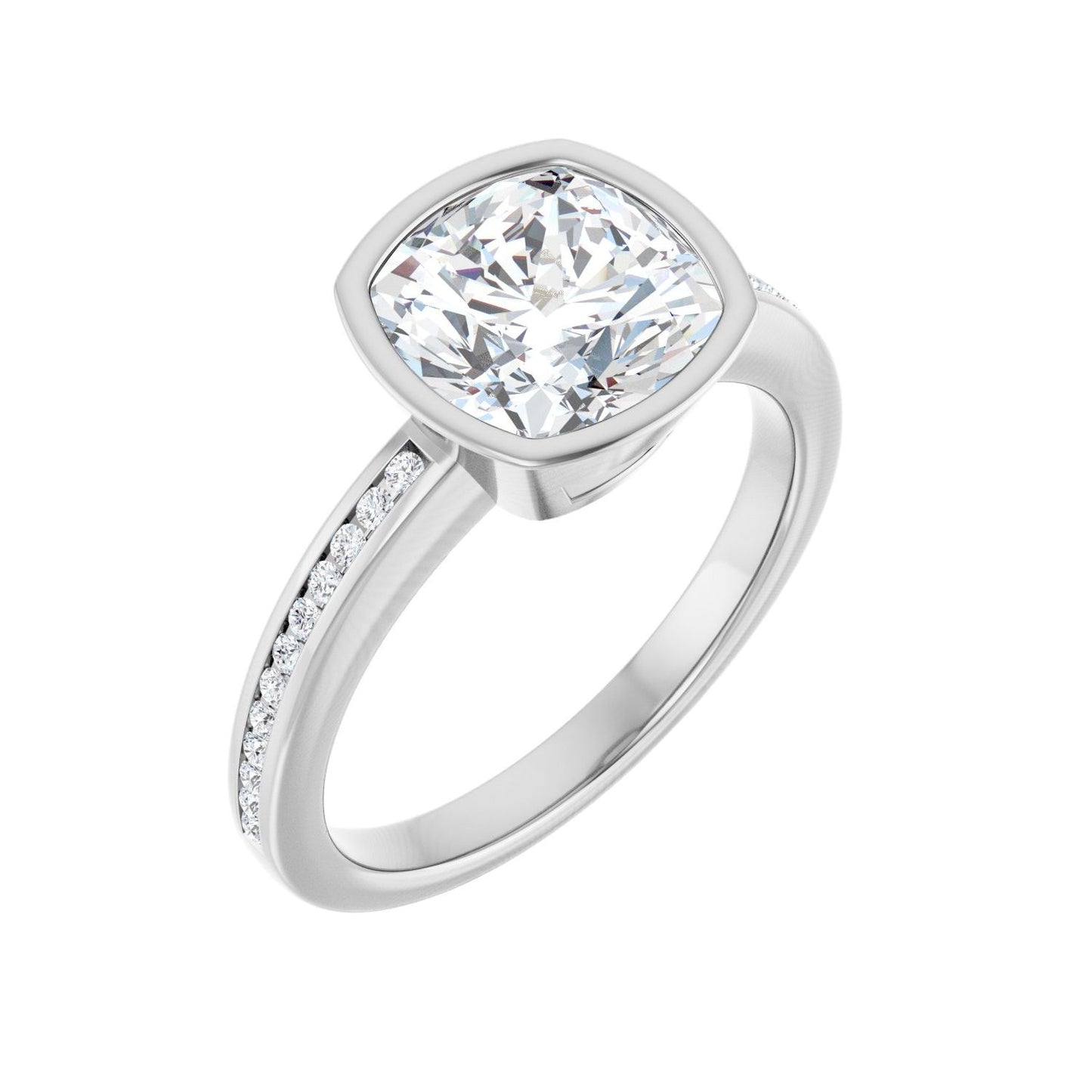 Cushion Bezel-Set Solitaire Engagement Ring | Metal Type=14K White Gold | Center Stone Size=3 CT | Image 1