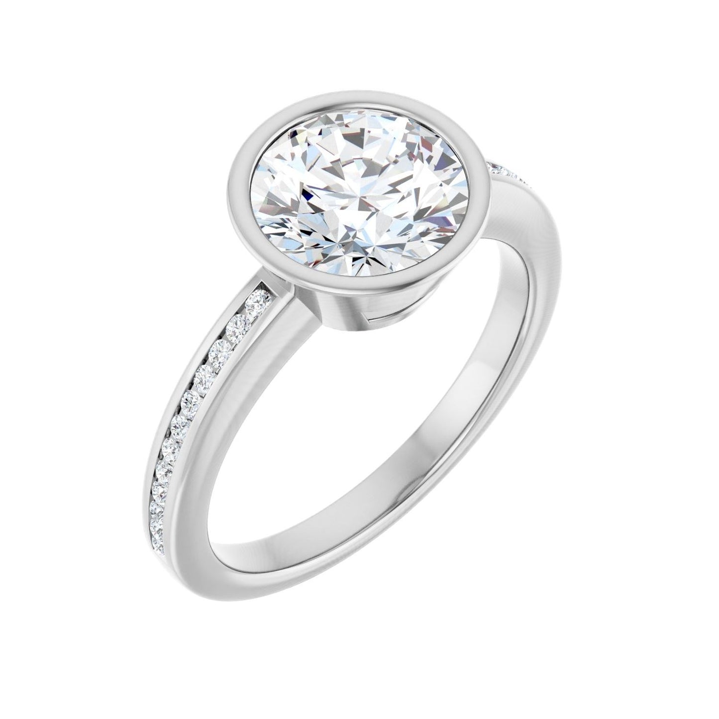 Round Bezel-Set Solitaire Engagement Ring | Metal Type=14K White Gold | Center Stone Size=2 CT | Image 1