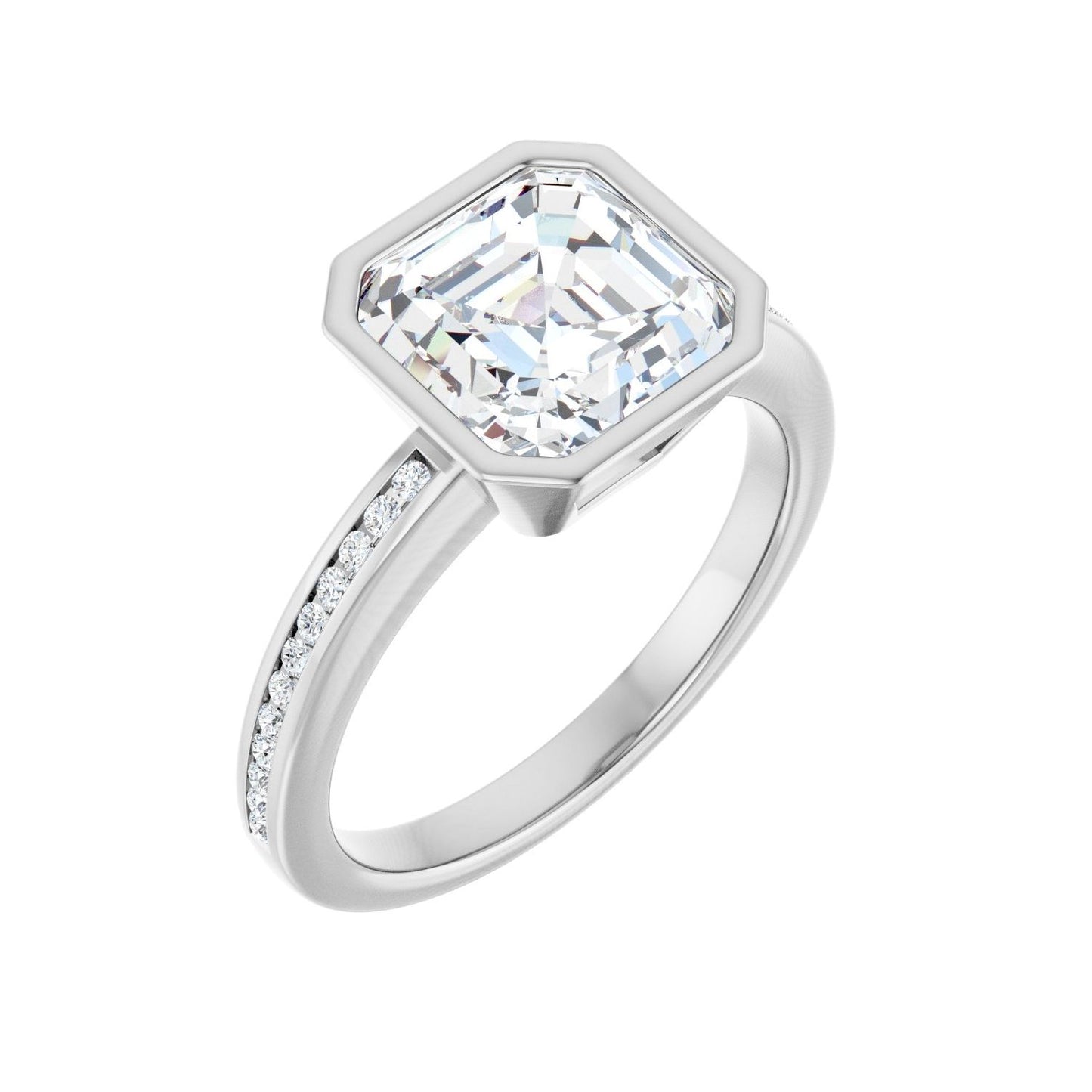 Asscher Bezel-Set Solitaire Engagement Ring | Metal Type=14K White Gold | Center Stone Size=3 CT | Image 1