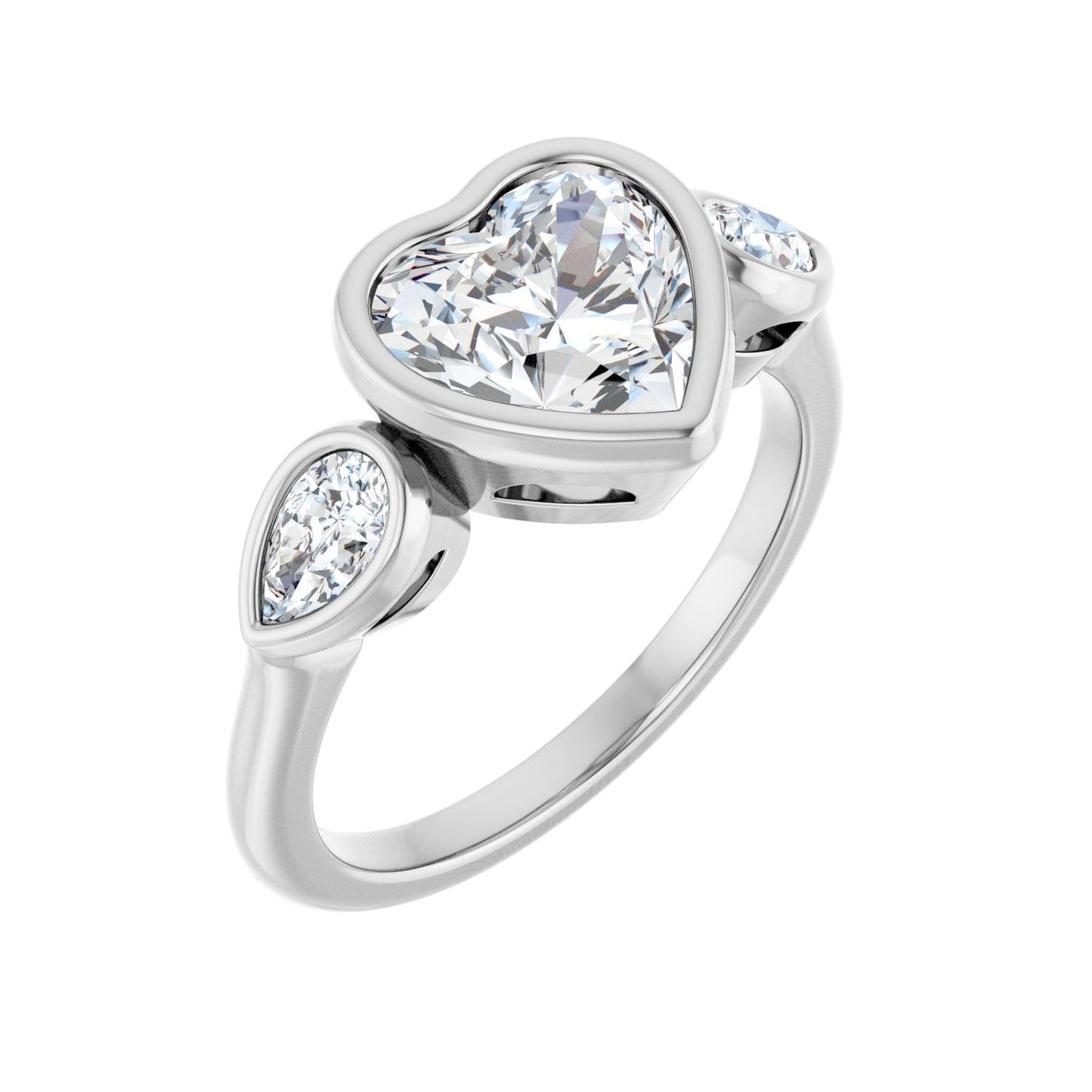 Heart Bezel-Set Three-Stone Engagement Ring | Metal Type=14K White Gold | Center Stone Size=1.5 CT | Image 1