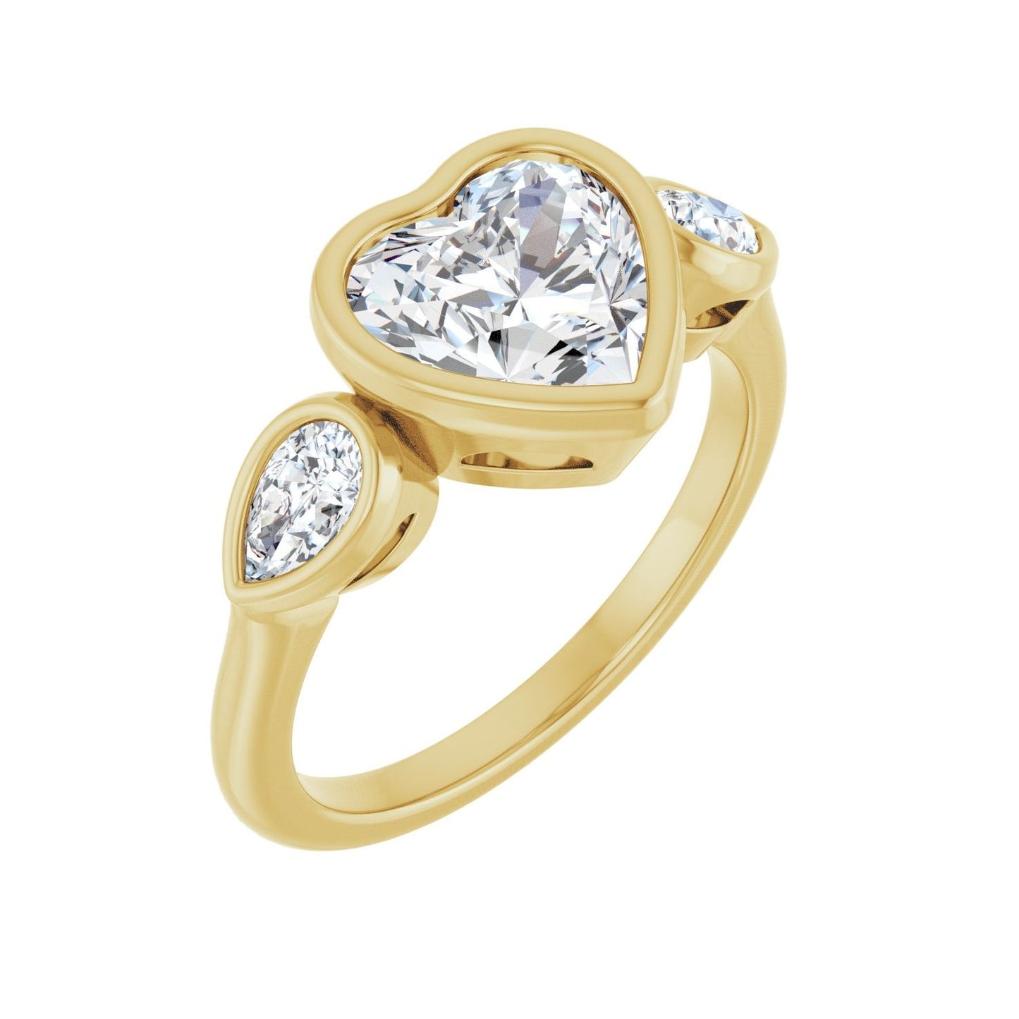Heart Bezel-Set Three-Stone Engagement Ring | Metal Type=14K Yellow Gold | Center Stone Size=1.5 CT | Image 1