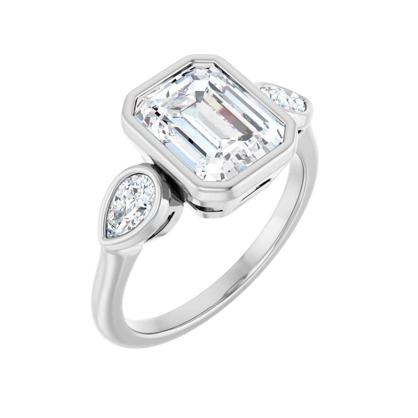Emerald Bezel-Set Three-Stone Engagement Ring | Metal Type=14K White Gold | Center Stone Size=2.5 CT | Image 1