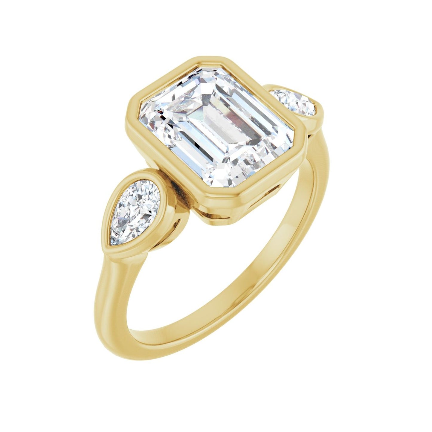 Emerald Bezel-Set Three-Stone Engagement Ring | Metal Type=14K Yellow Gold | Center Stone Size=2.5 CT | Image 1