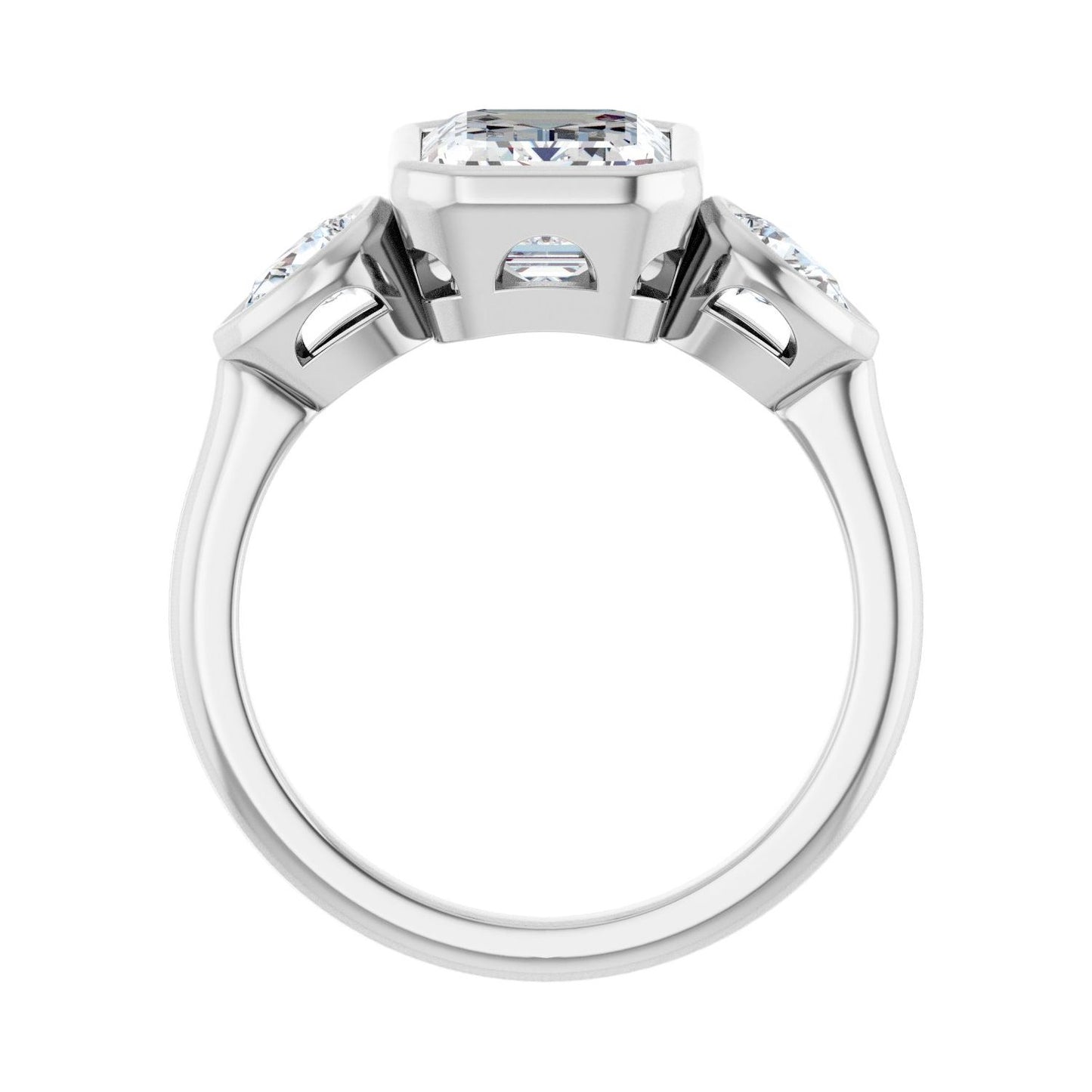 Emerald Bezel-Set Three-Stone Engagement Ring | Metal Type=14K White Gold | Center Stone Size=2.5 CT | Image 2