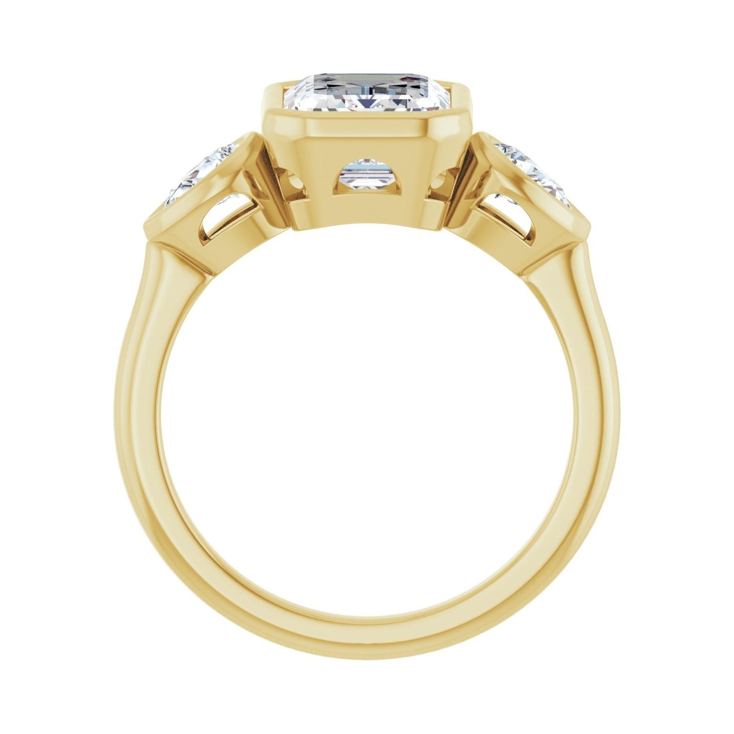 Emerald Bezel-Set Three-Stone Engagement Ring | Metal Type=14K Yellow Gold | Center Stone Size=2.5 CT | Image 2