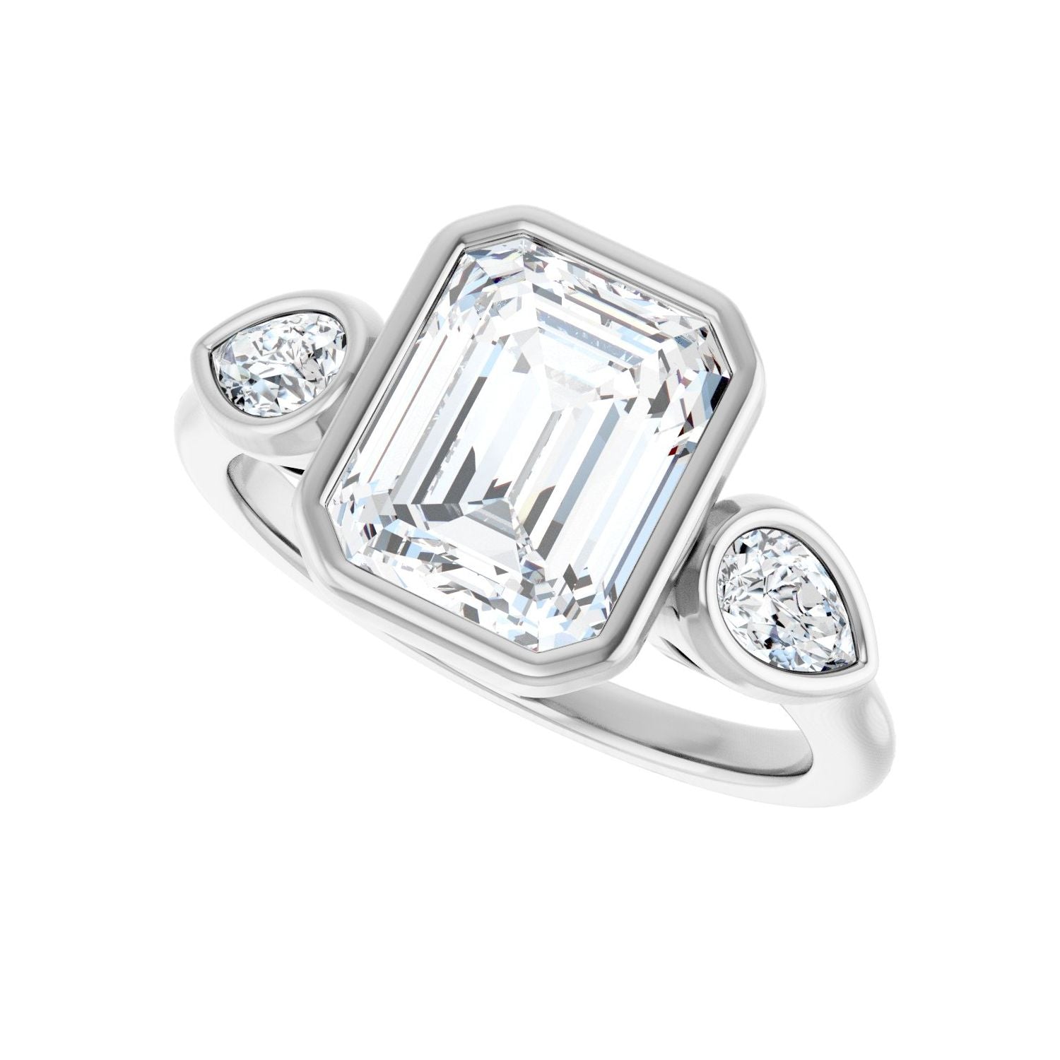 Emerald Bezel-Set Three-Stone Engagement Ring | Metal Type=14K White Gold | Center Stone Size=2.5 CT | Image 5