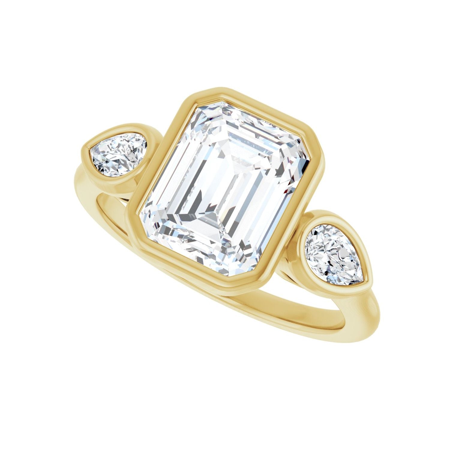 Emerald Bezel-Set Three-Stone Engagement Ring | Metal Type=14K Yellow Gold | Center Stone Size=2.5 CT | Image 5