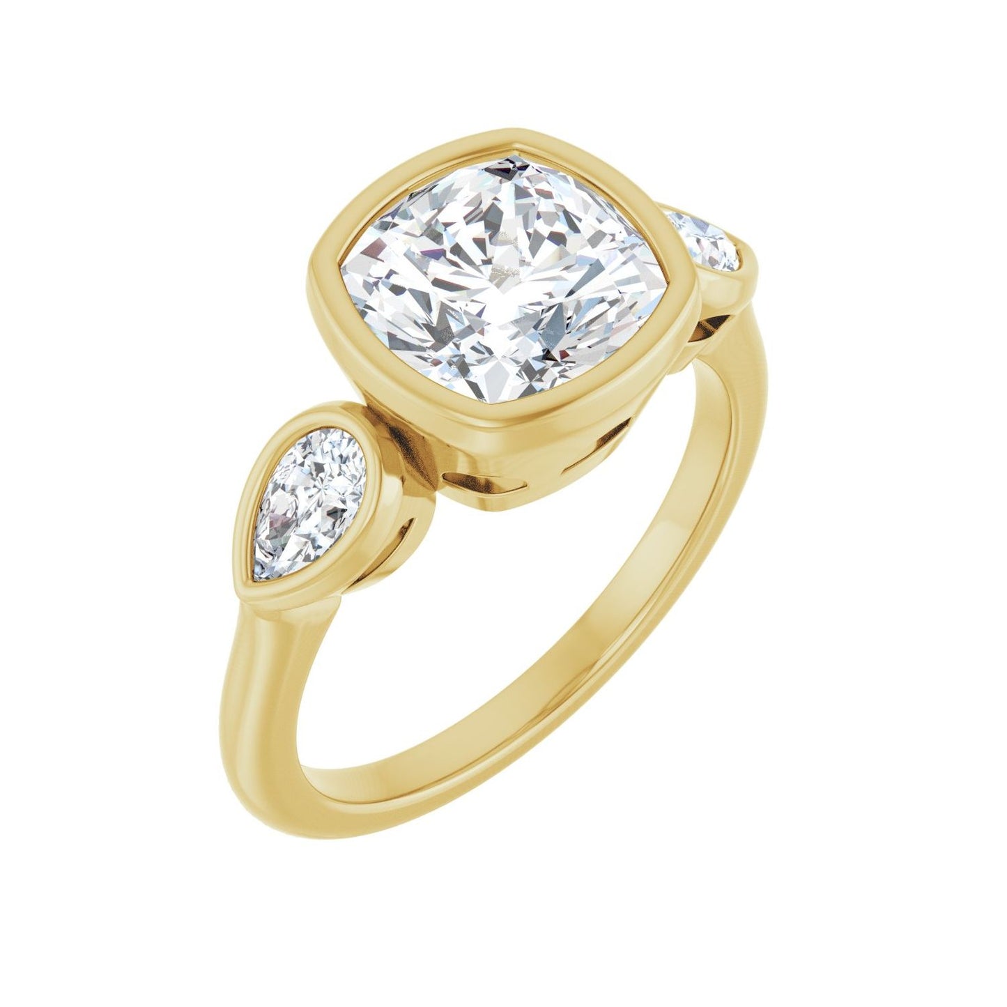 Cushion Bezel-Set Three-Stone Engagement Ring | Metal Type=14K Yellow Gold | Center Stone Size=3 CT | Image 1