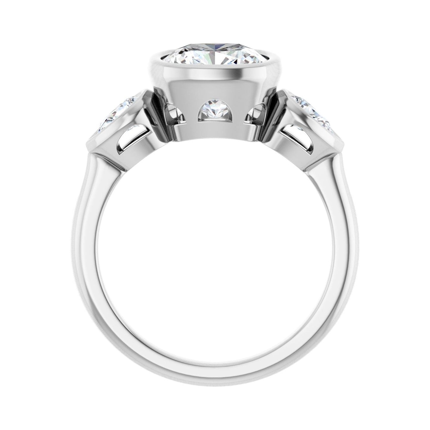 Cushion Bezel-Set Three-Stone Engagement Ring | Metal Type=14K White Gold | Center Stone Size=3 CT | Image 2