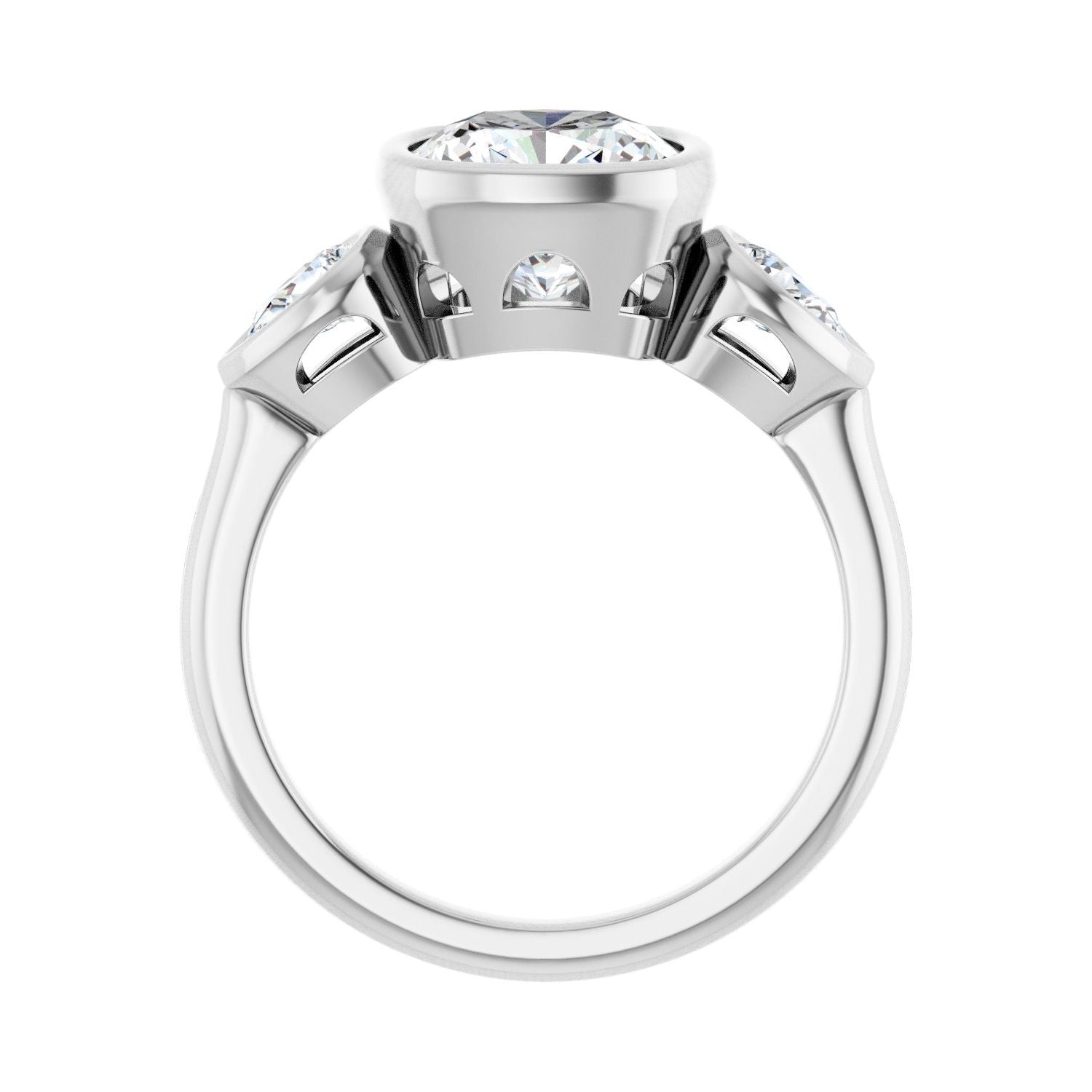 Cushion Bezel-Set Three-Stone Engagement Ring | Metal Type=14K White Gold | Center Stone Size=3 CT | Image 2