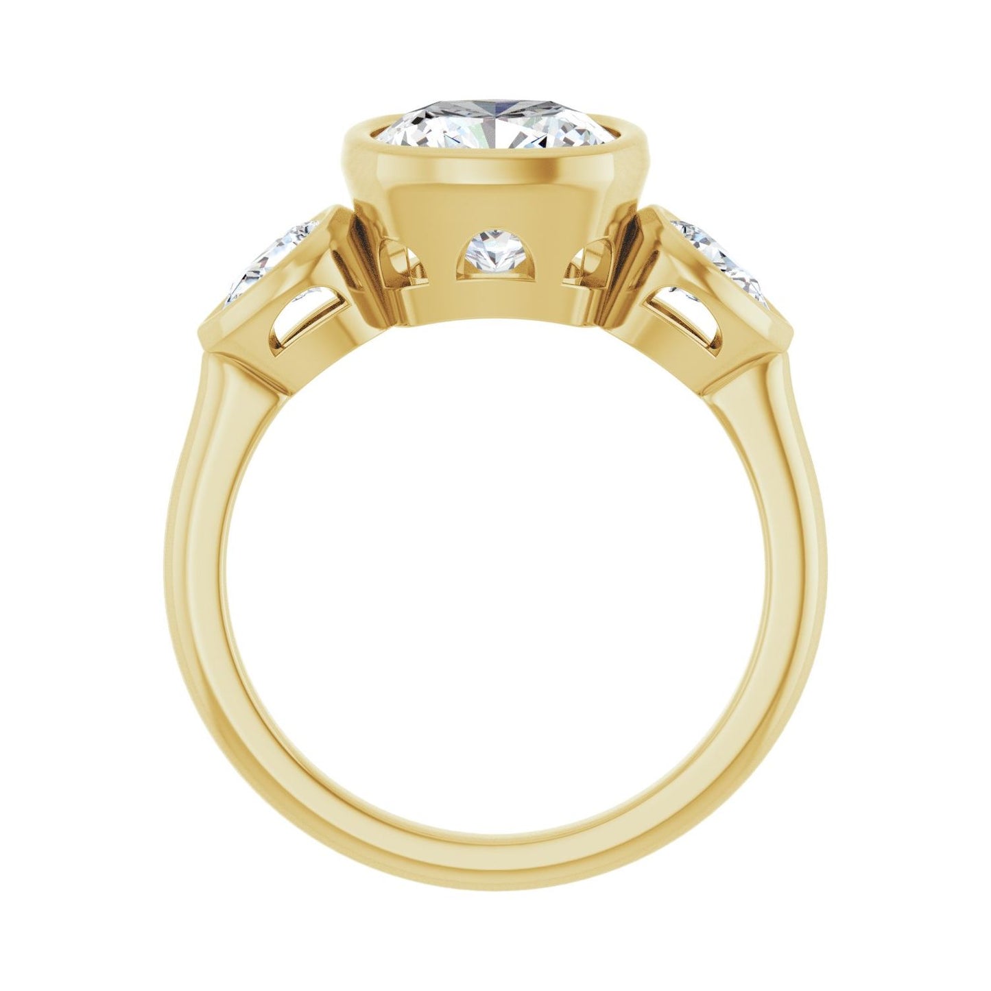 Cushion Bezel-Set Three-Stone Engagement Ring | Metal Type=14K Yellow Gold | Center Stone Size=3 CT | Image 2
