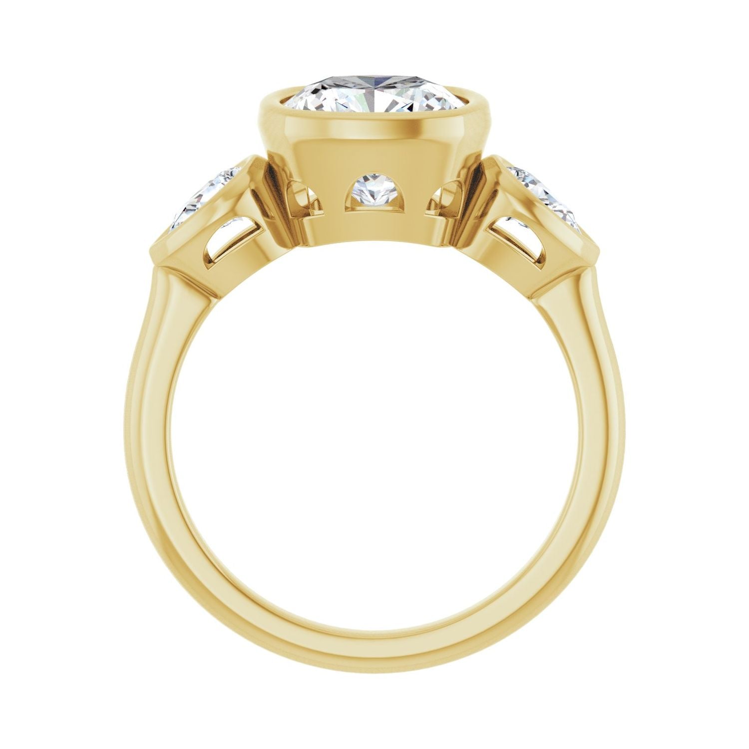 Cushion Bezel-Set Three-Stone Engagement Ring | Metal Type=14K Yellow Gold | Center Stone Size=3 CT | Image 2