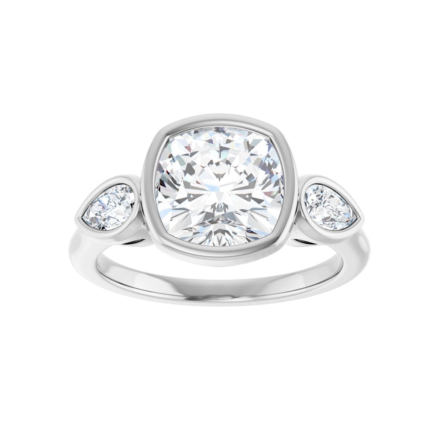 Cushion Bezel-Set Three-Stone Engagement Ring | Metal Type=14K White Gold | Center Stone Size=3 CT | Image 3