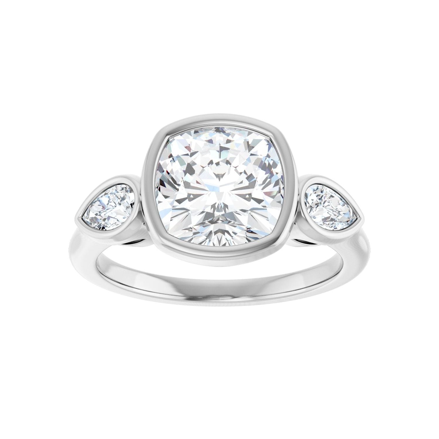 Cushion Bezel-Set Three-Stone Engagement Ring | Metal Type=14K White Gold | Center Stone Size=3 CT | Image 3