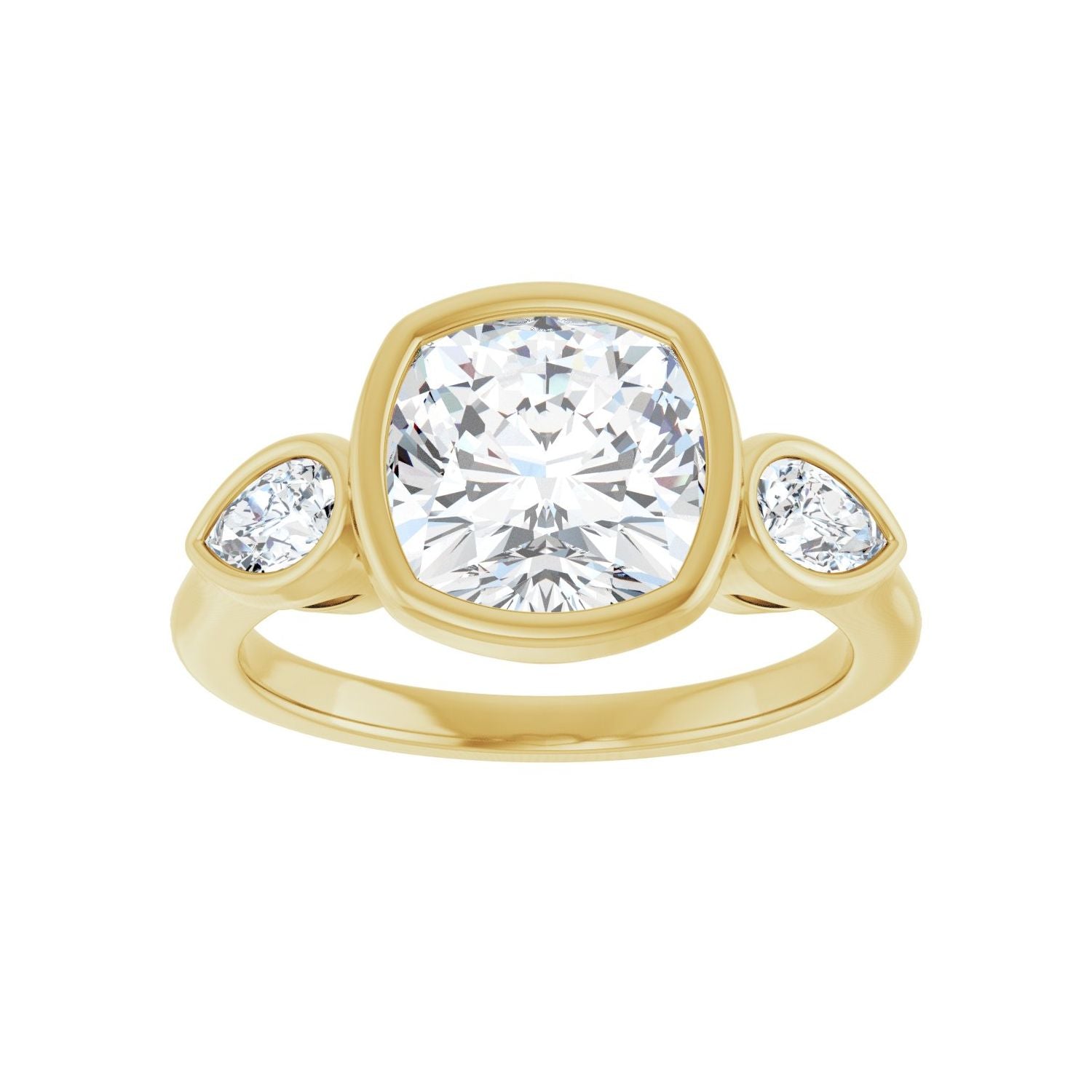 Cushion Bezel-Set Three-Stone Engagement Ring | Metal Type=14K Yellow Gold | Center Stone Size=3 CT | Image 3