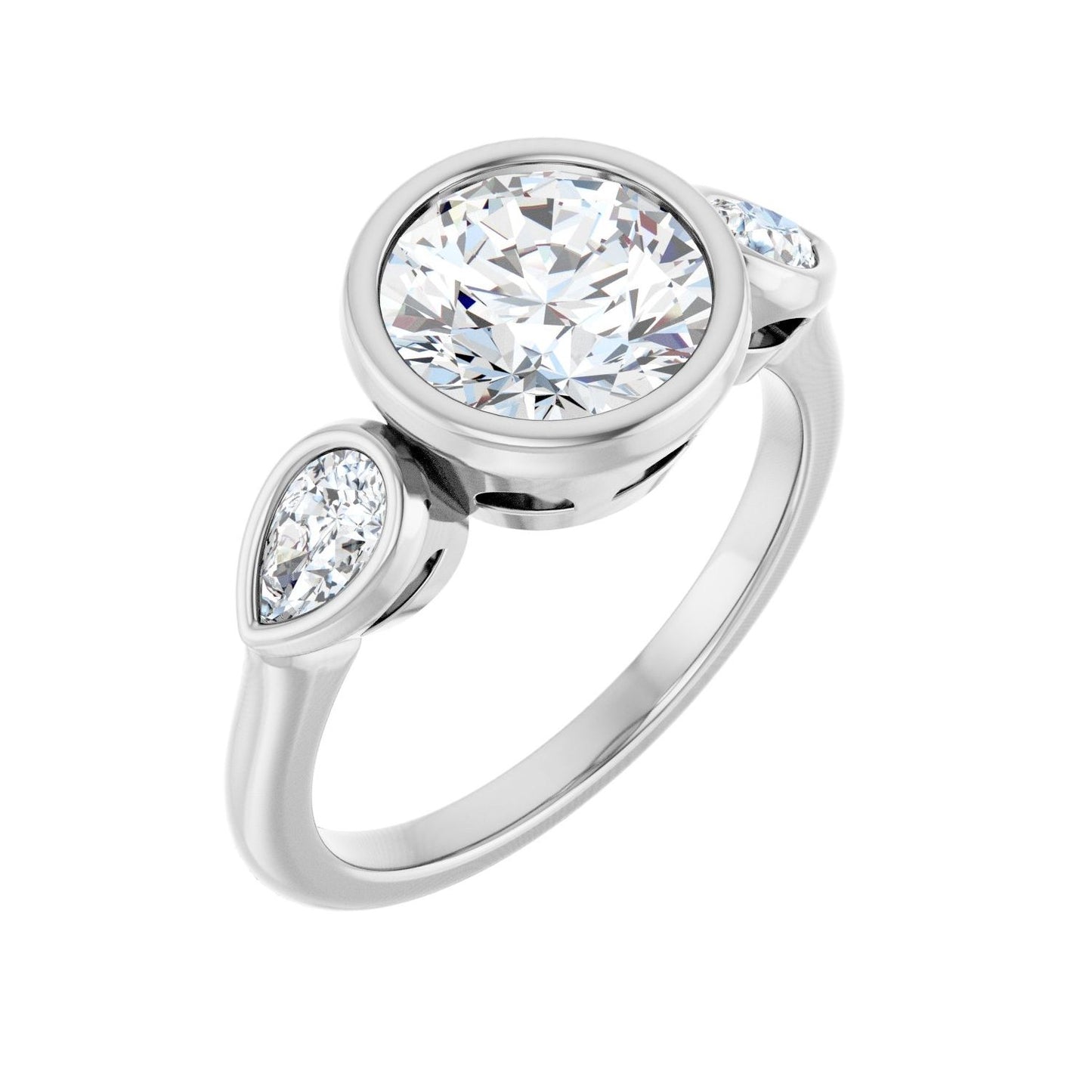 Round Bezel-Set Three-Stone Engagement Ring | Metal Type=14K White Gold | Center Stone Size=2 CT | Image 1