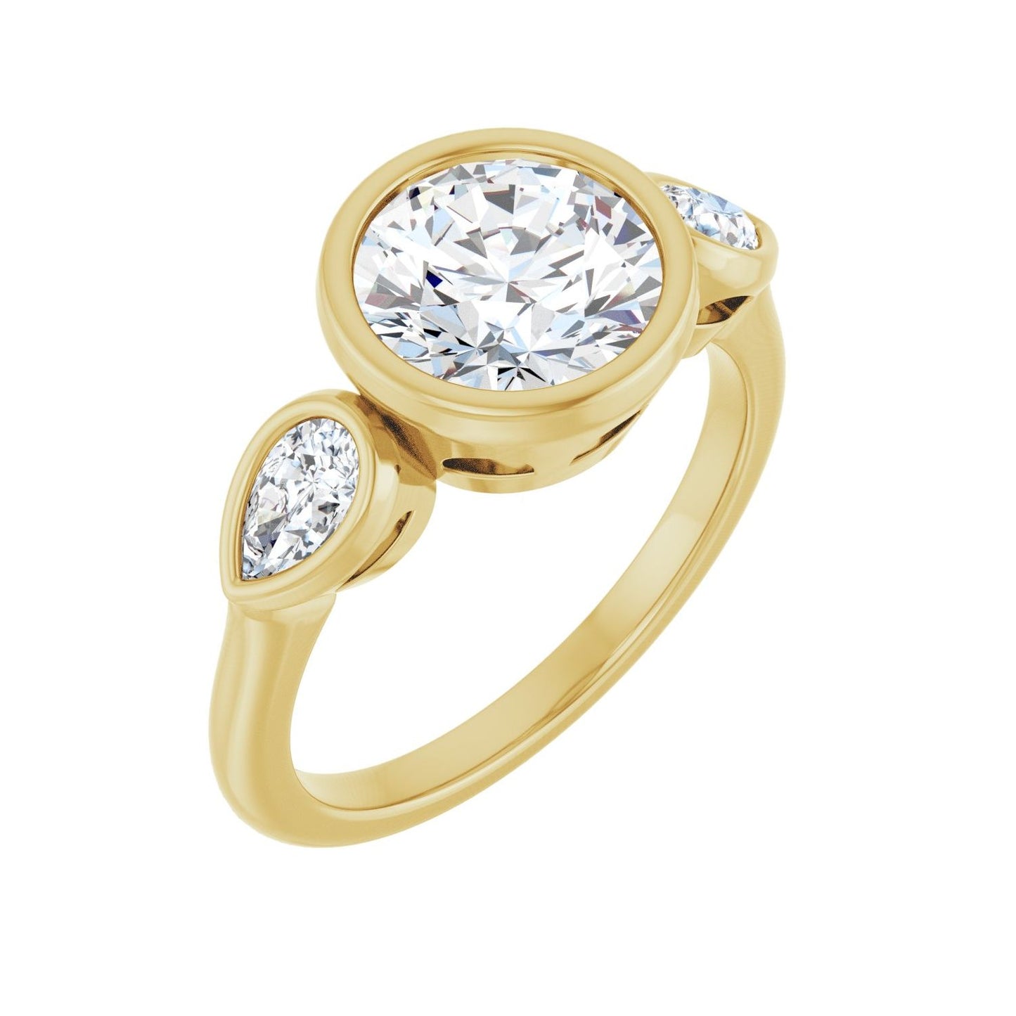 Round Bezel-Set Three-Stone Engagement Ring | Metal Type=14K Yellow Gold | Center Stone Size=2 CT | Image 1