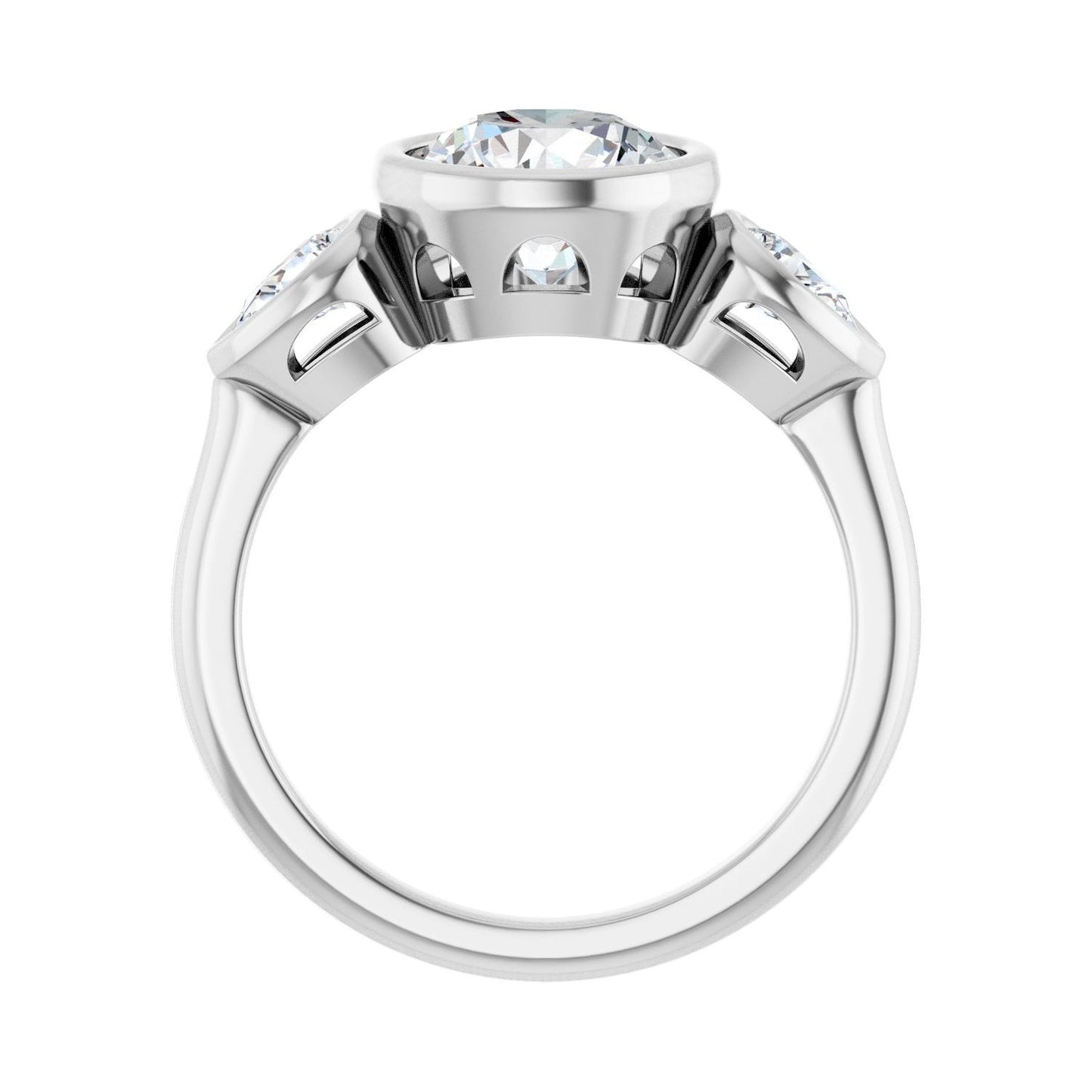 Round Bezel-Set Three-Stone Engagement Ring | Metal Type=14K White Gold | Center Stone Size=2 CT | Image 2
