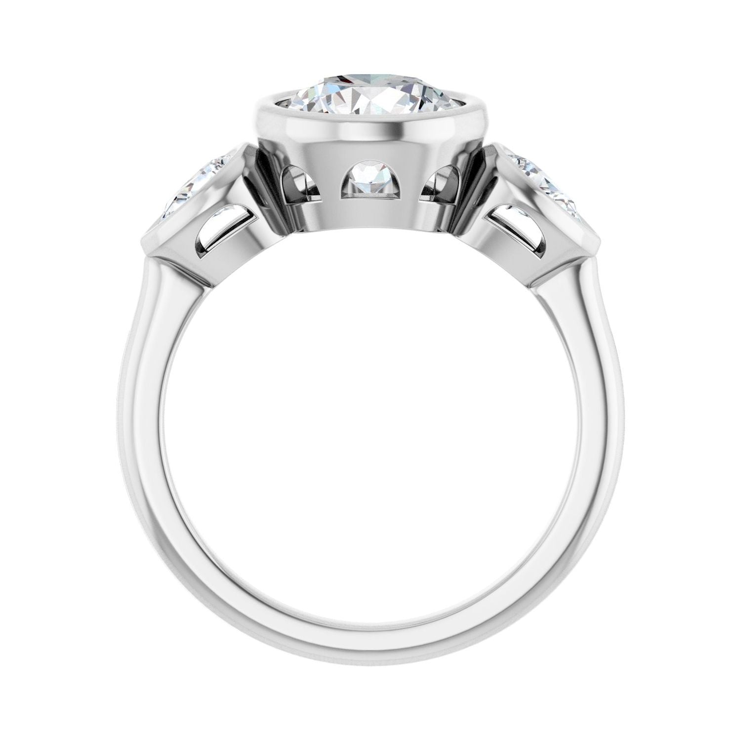 Round Bezel-Set Three-Stone Engagement Ring | Metal Type=14K White Gold | Center Stone Size=2 CT | Image 2