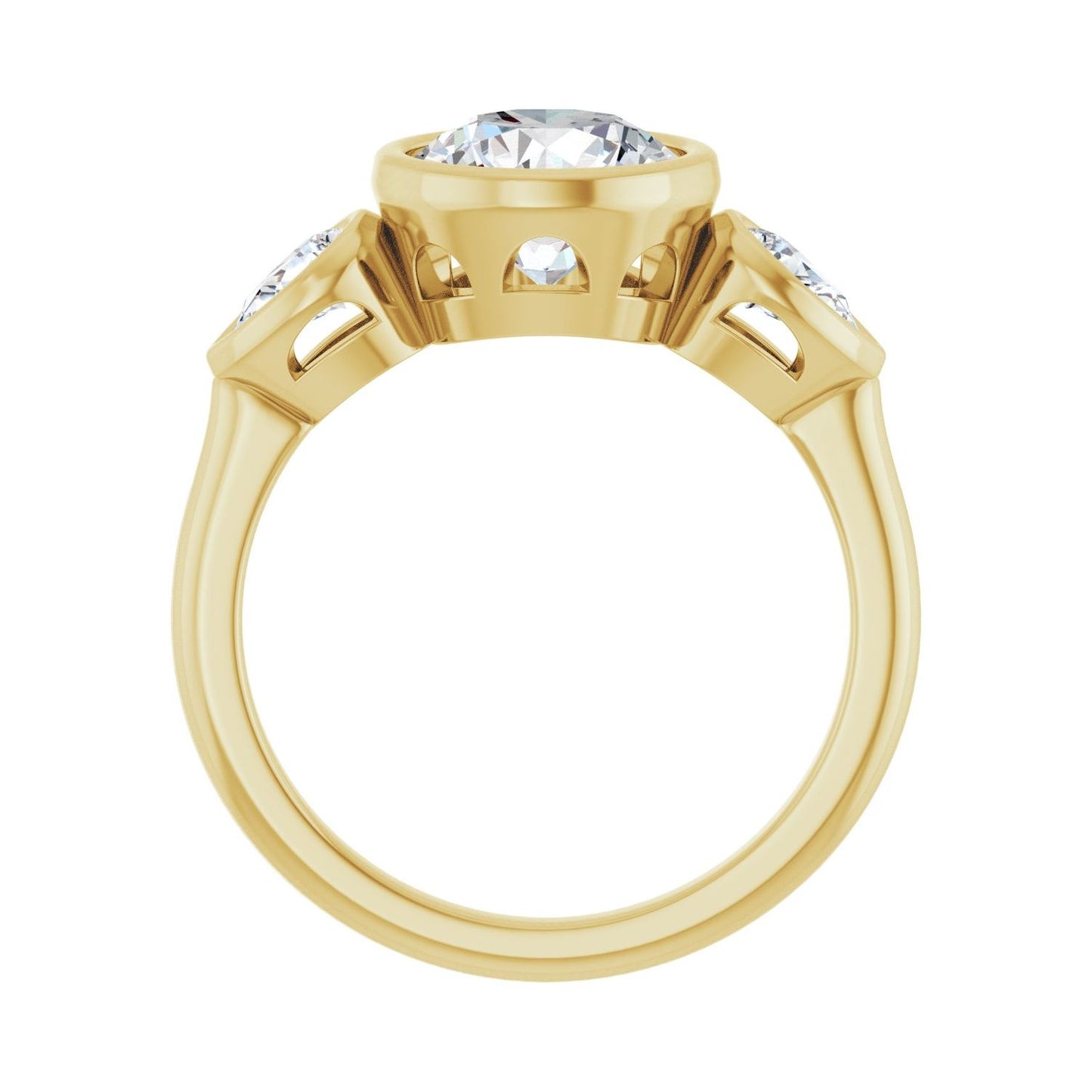 Round Bezel-Set Three-Stone Engagement Ring | Metal Type=14K Yellow Gold | Center Stone Size=2 CT | Image 2