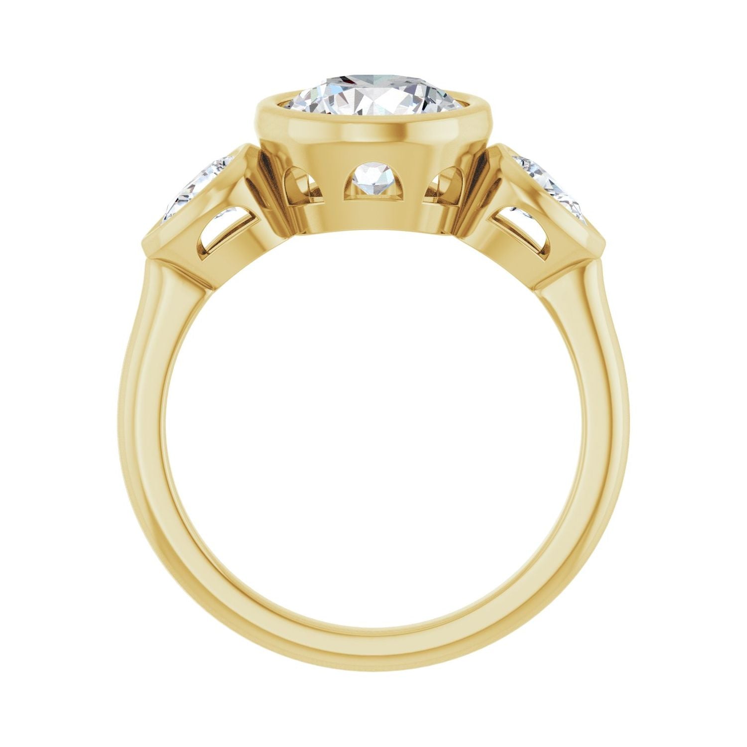 Round Bezel-Set Three-Stone Engagement Ring | Metal Type=14K Yellow Gold | Center Stone Size=2 CT | Image 2