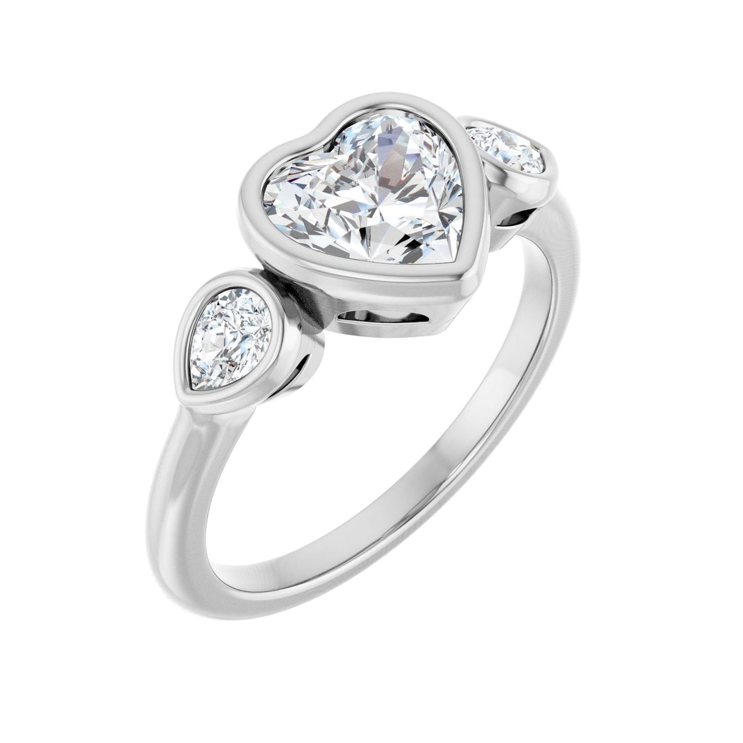 Heart Bezel-Set Three-Stone Engagement Ring | Metal Type=14K White Gold | Center Stone Size=1 CT | Image 1
