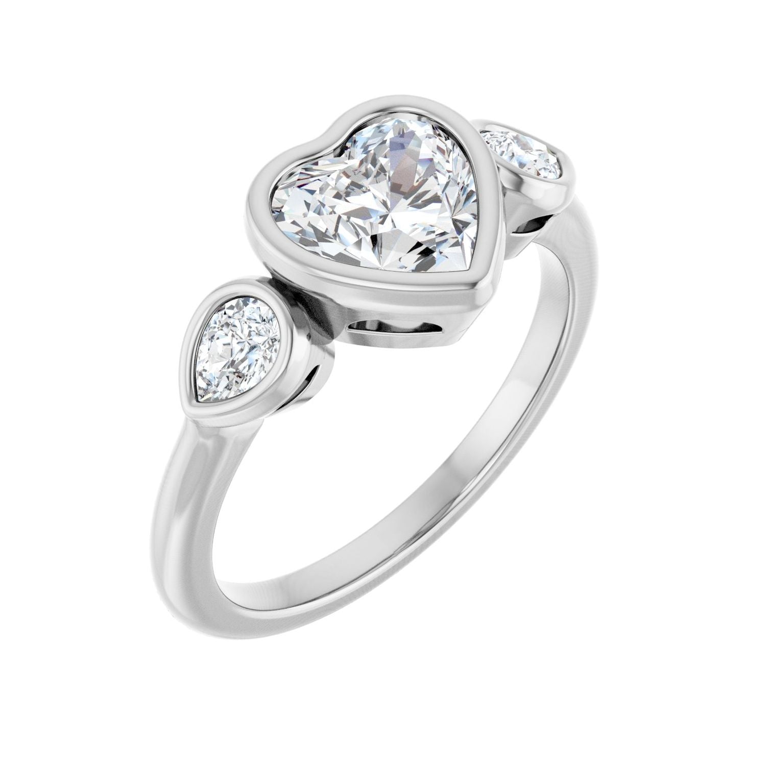 Heart Bezel-Set Three-Stone Engagement Ring | Metal Type=14K White Gold | Center Stone Size=1 CT | Image 1
