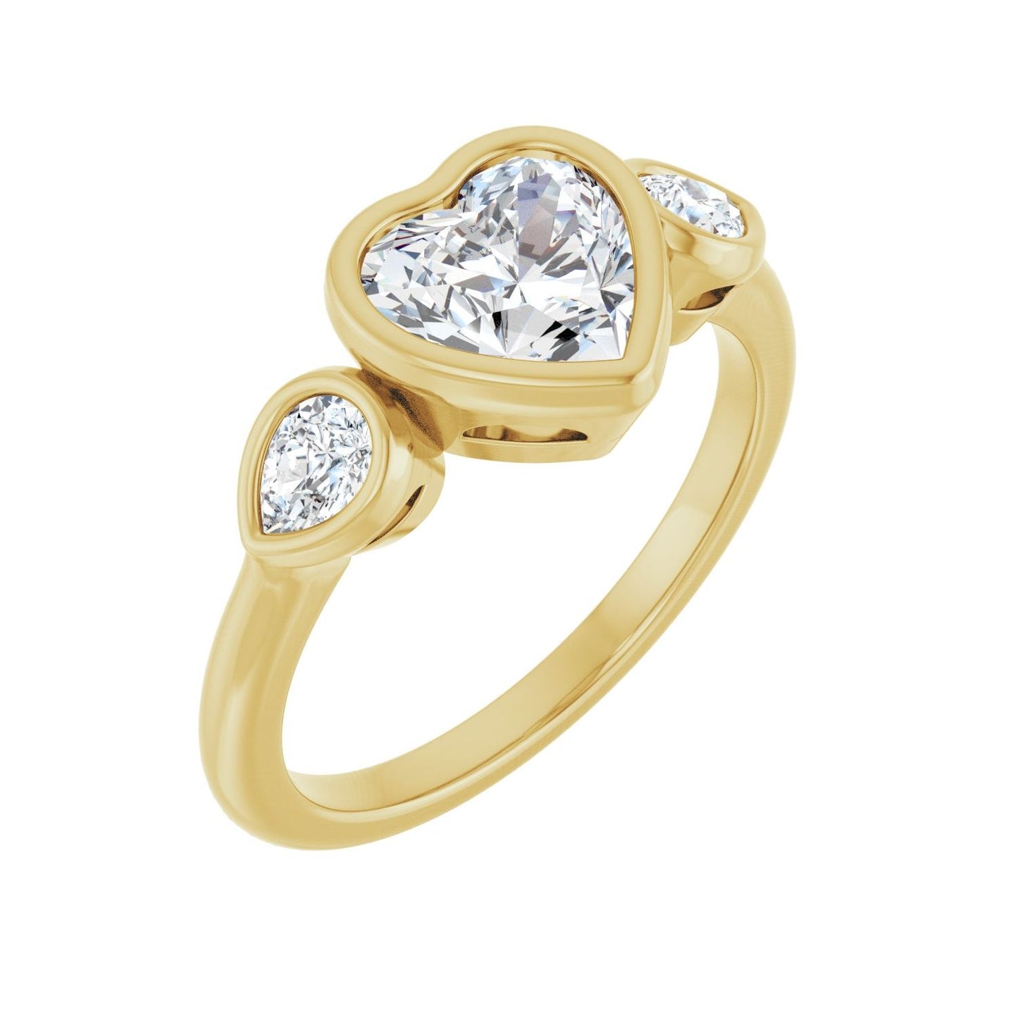 Heart Bezel-Set Three-Stone Engagement Ring | Metal Type=14K Yellow Gold | Center Stone Size=1 CT | Image 1