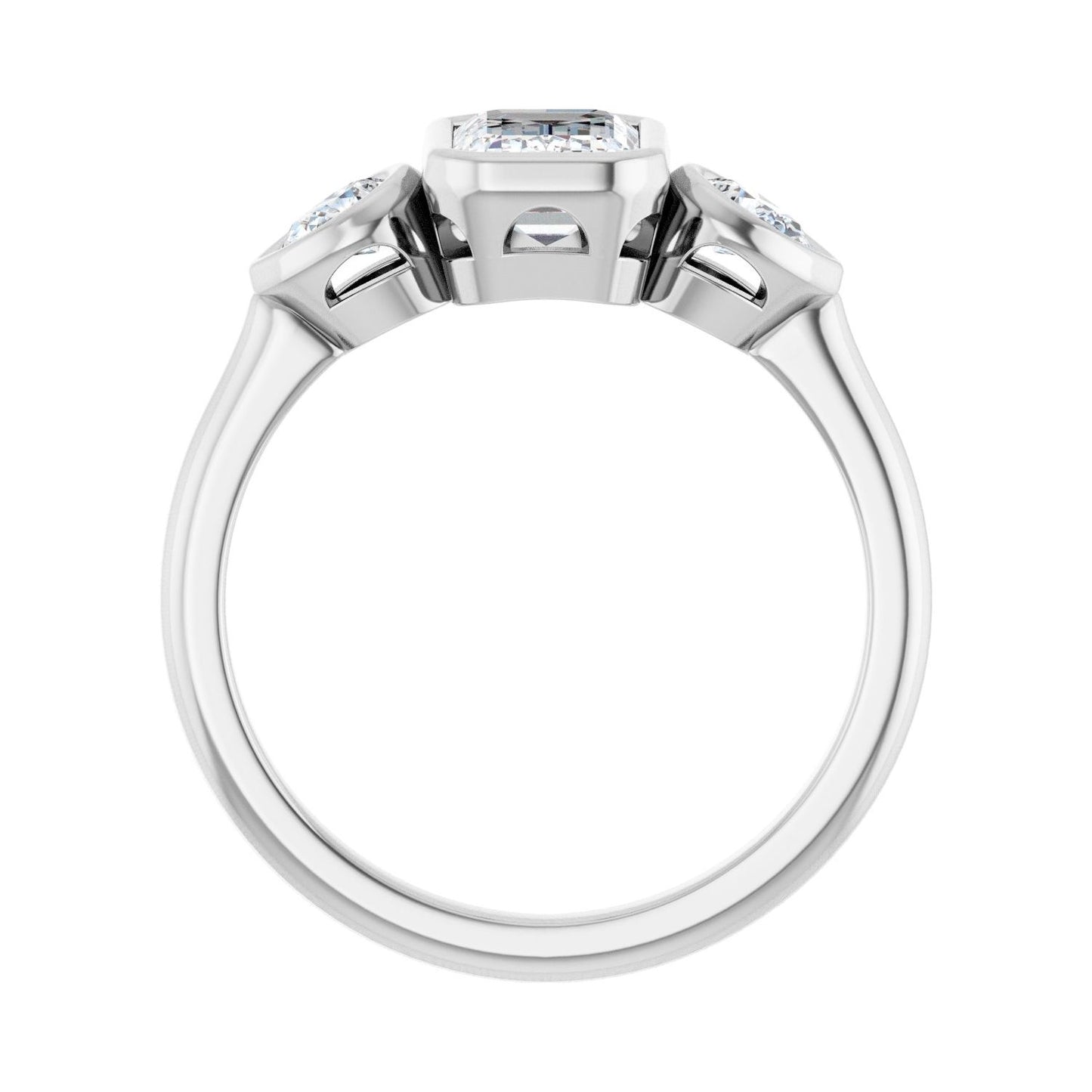 Emerald Bezel-Set Three-Stone Engagement Ring | Metal Type=14K White Gold | Center Stone Size=1.5 CT | Image 2