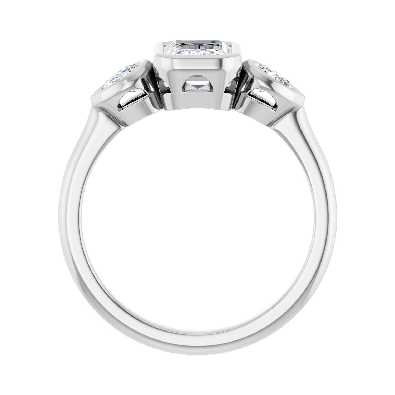 Emerald Bezel-Set Three-Stone Engagement Ring | Metal Type=14K White Gold | Center Stone Size=1.5 CT | Image 2