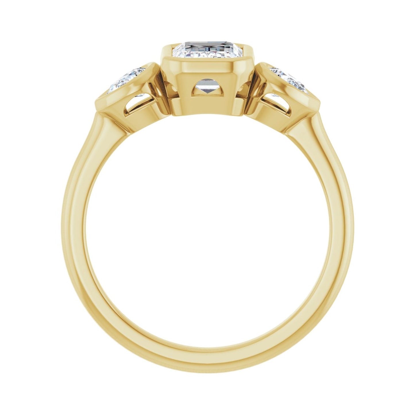Emerald Bezel-Set Three-Stone Engagement Ring | Metal Type=14K Yellow Gold | Center Stone Size=1.5 CT | Image 2