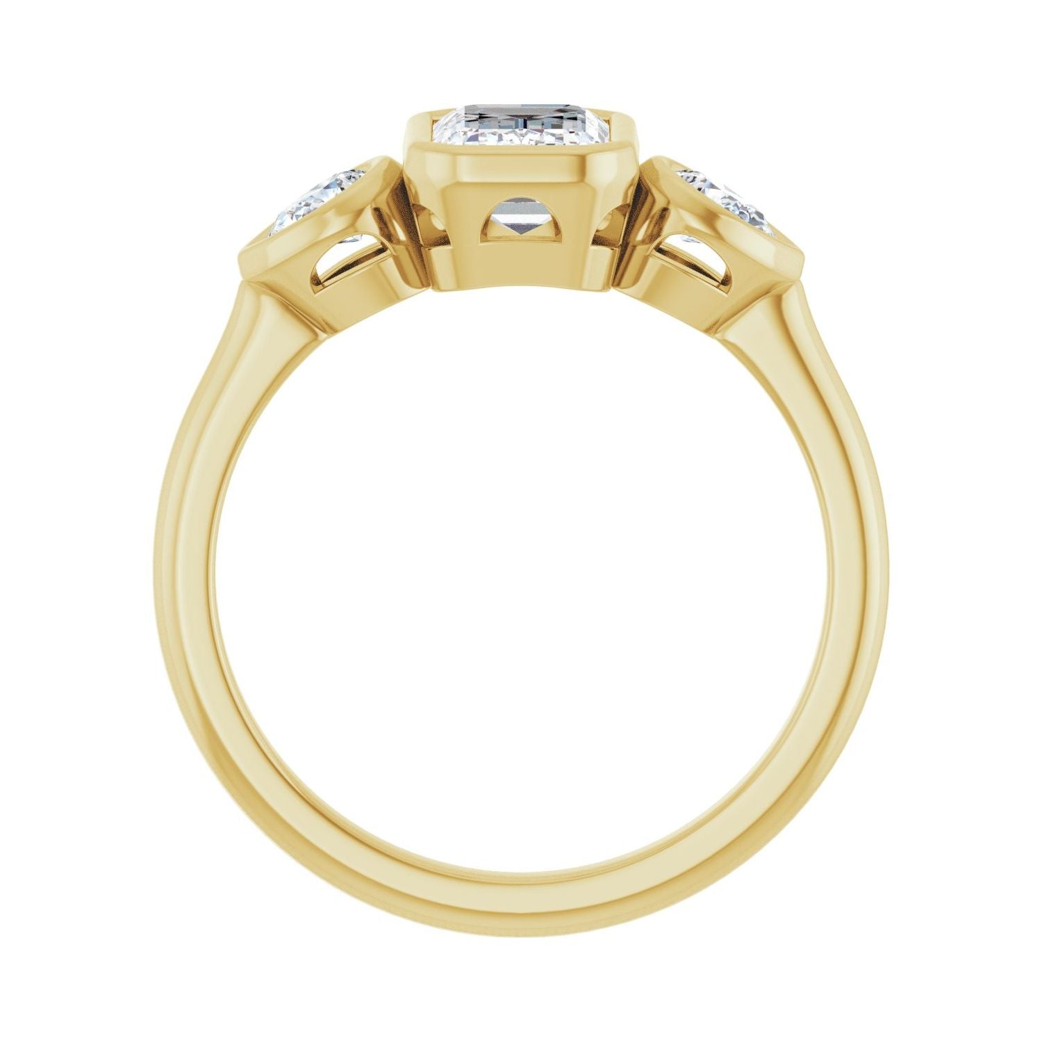 Emerald Bezel-Set Three-Stone Engagement Ring | Metal Type=14K Yellow Gold | Center Stone Size=1.5 CT | Image 2