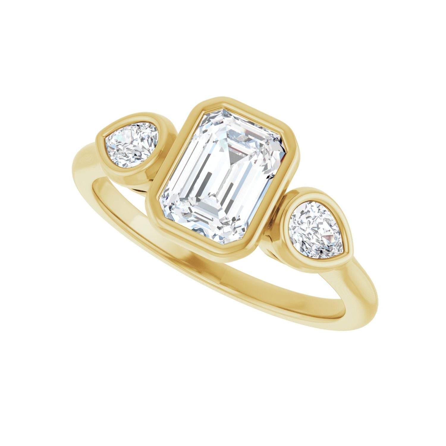 Emerald Bezel-Set Three-Stone Engagement Ring | Metal Type=14K Yellow Gold | Center Stone Size=1.5 CT | Image 5