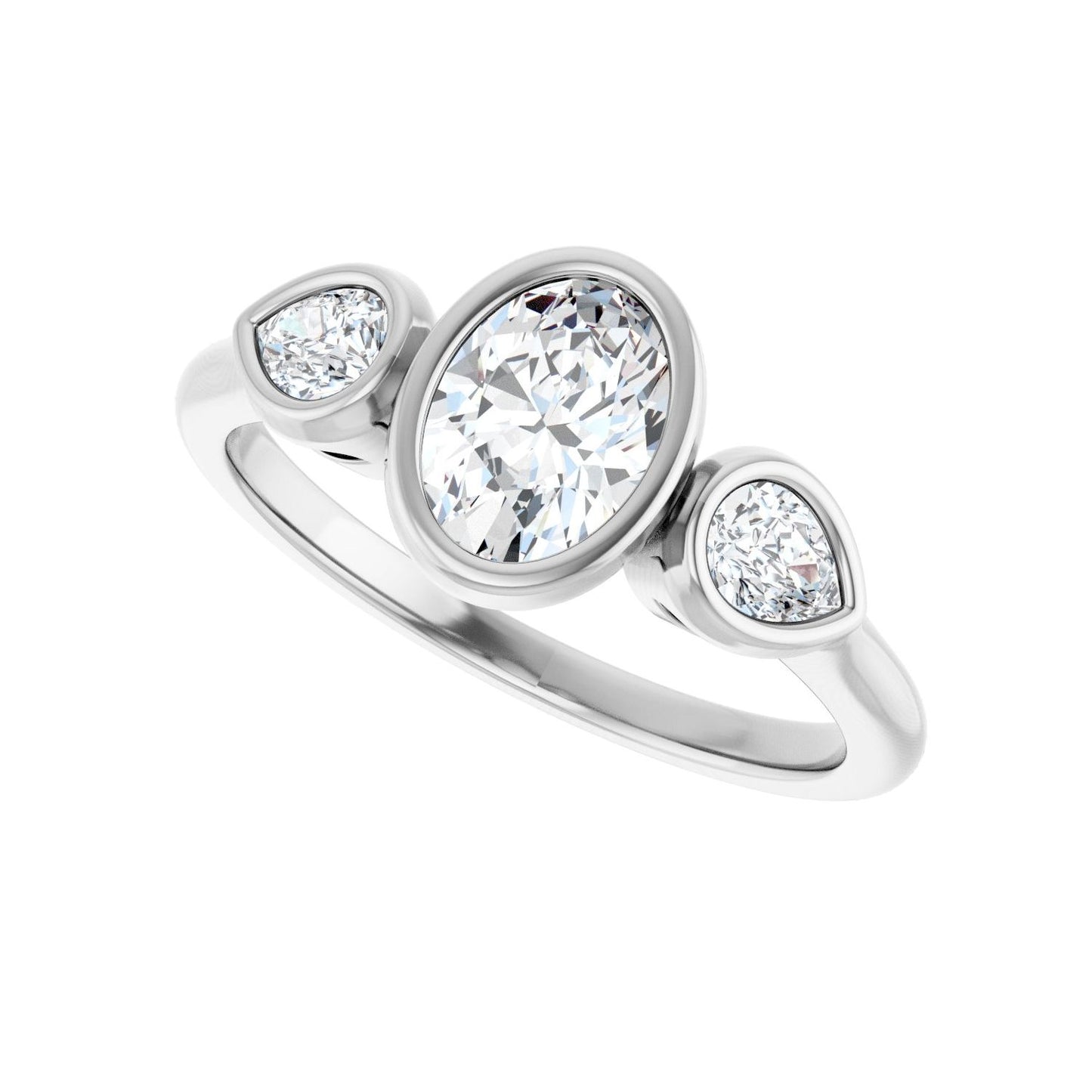 Oval Bezel-Set Three-Stone Engagement Ring | Metal Type=14K White Gold | Center Stone Size=1 CT | Image 5