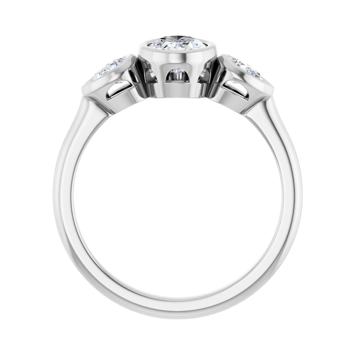 Oval Bezel-Set Three-Stone Engagement Ring | Metal Type=14K White Gold | Center Stone Size=1 CT | Image 2