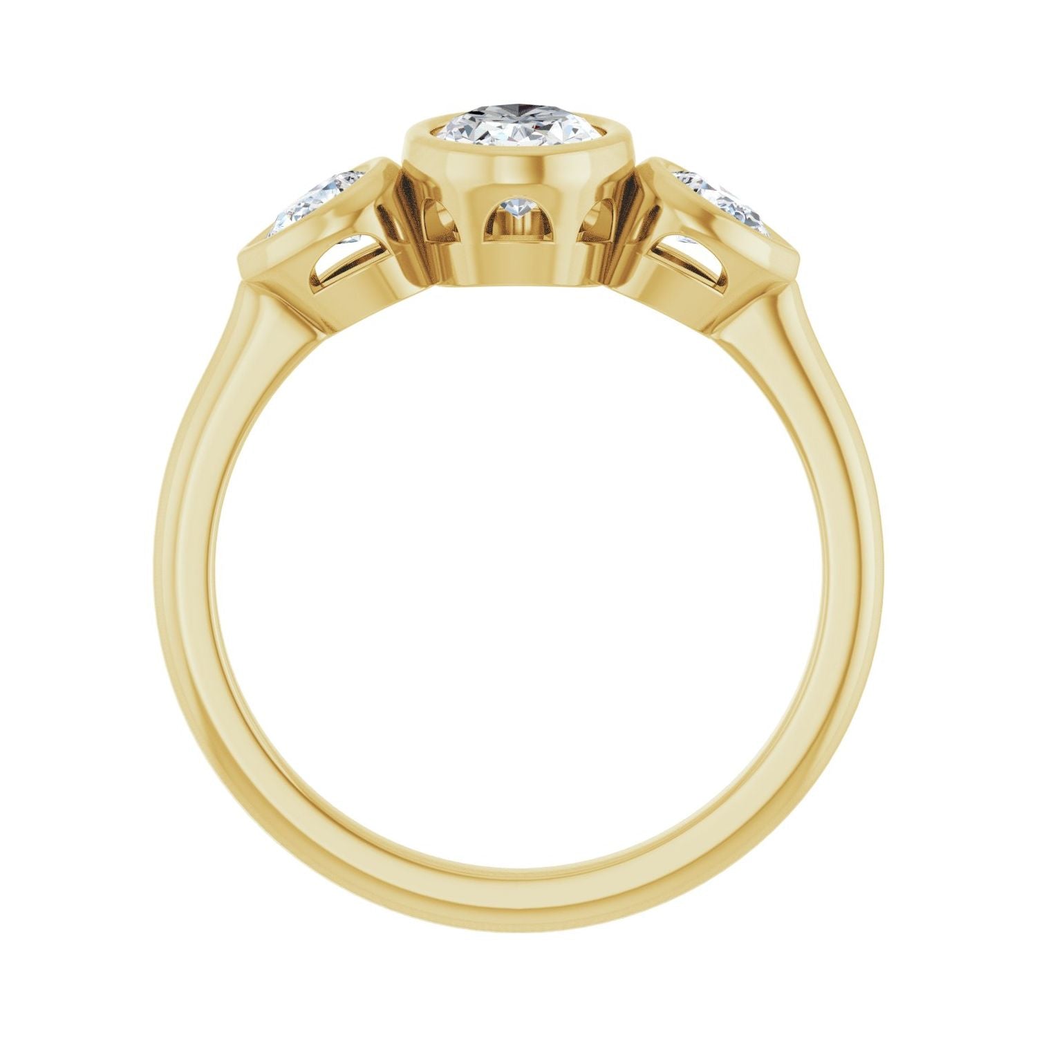 Oval Bezel-Set Three-Stone Engagement Ring | Metal Type=14K Yellow Gold | Center Stone Size=1 CT | Image 2