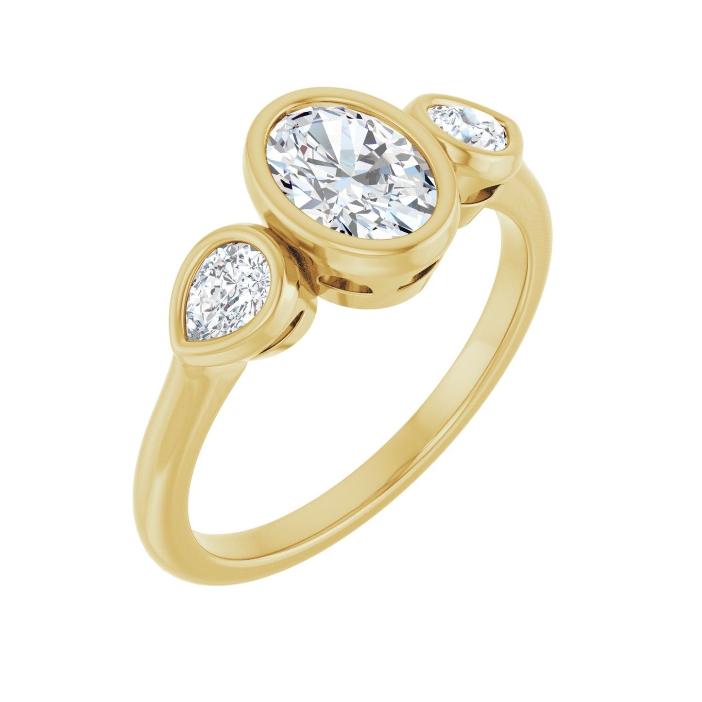 Oval Bezel-Set Three-Stone Engagement Ring | Metal Type=14K Yellow Gold | Center Stone Size=1 CT | Image 1