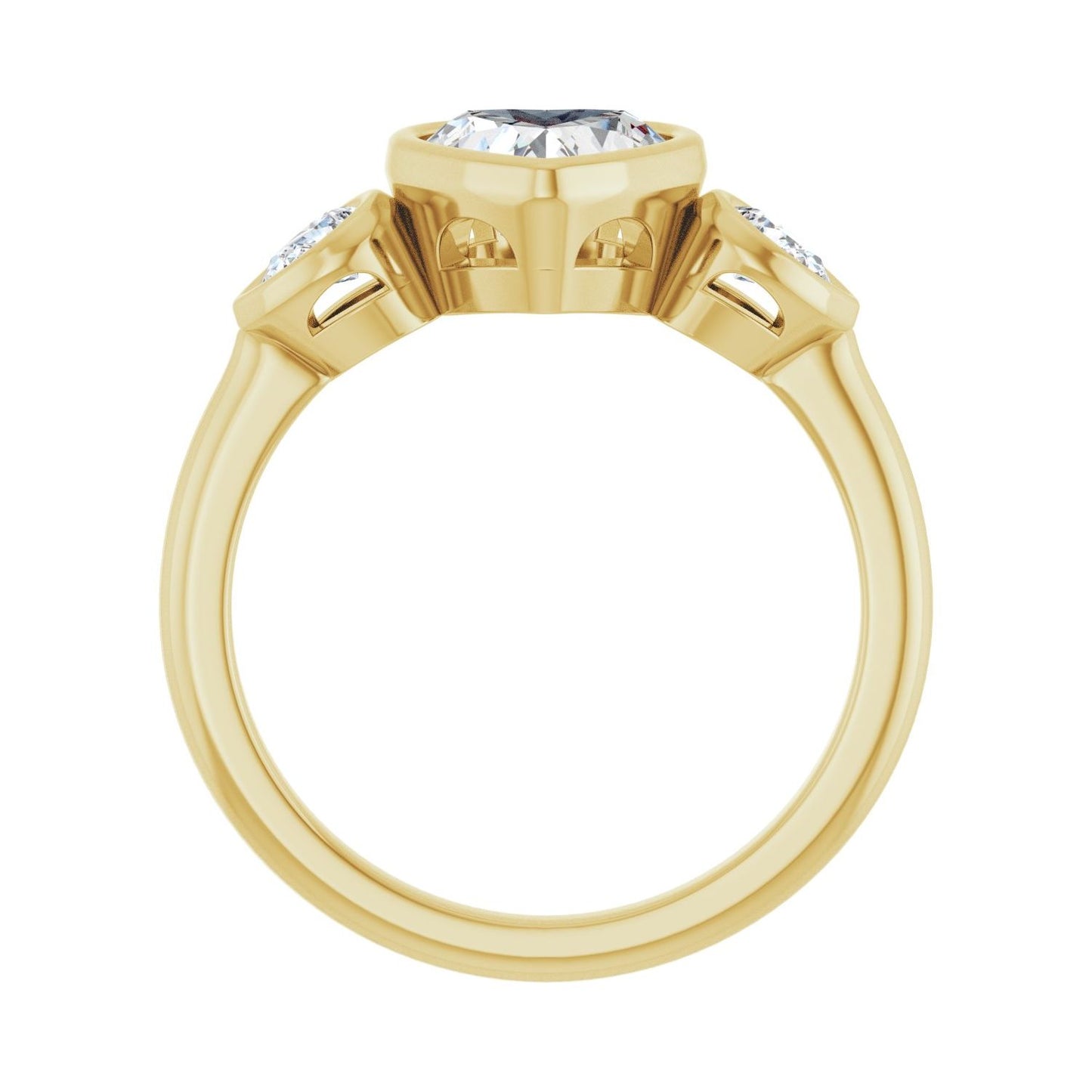 Heart Bezel-Set Three-Stone Engagement Ring | Metal Type=14K Yellow Gold | Center Stone Size=1 CT | Image 2
