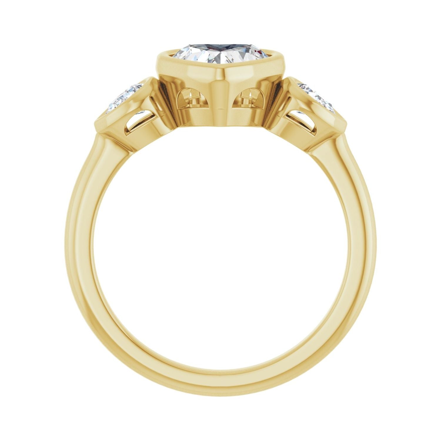 Heart Bezel-Set Three-Stone Engagement Ring | Metal Type=14K Yellow Gold | Center Stone Size=1 CT | Image 2