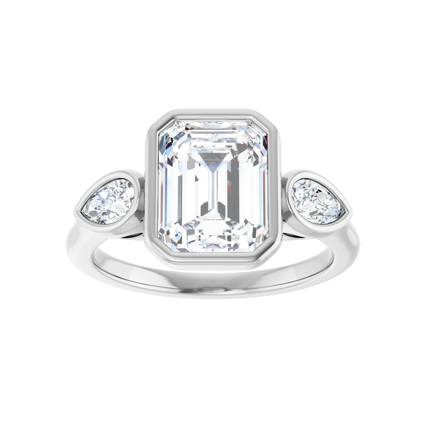 Emerald Bezel-Set Three-Stone Engagement Ring | Metal Type=14K White Gold | Center Stone Size=2.5 CT | Image 3