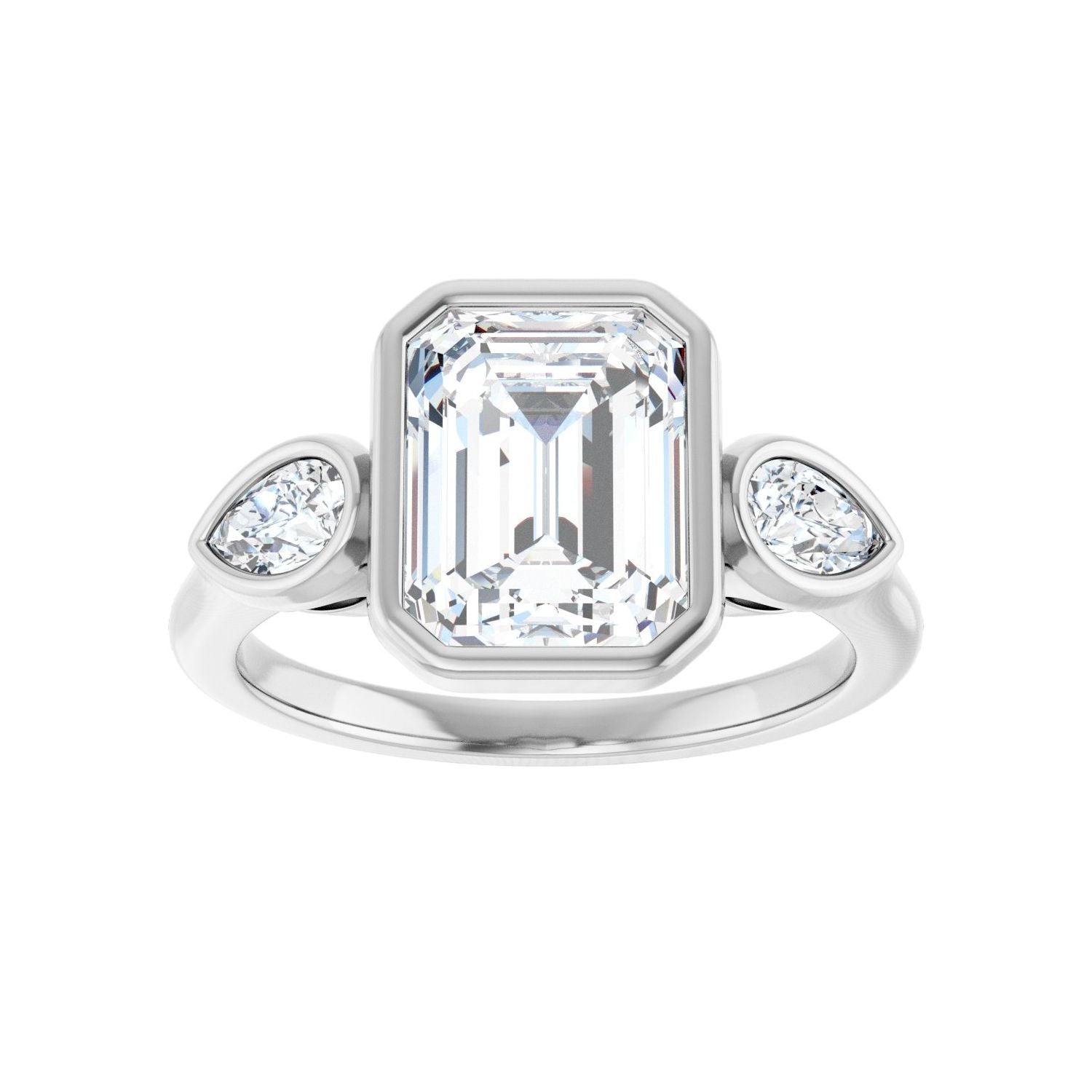 Emerald Bezel-Set Three-Stone Engagement Ring | Metal Type=14K White Gold | Center Stone Size=2.5 CT | Image 3