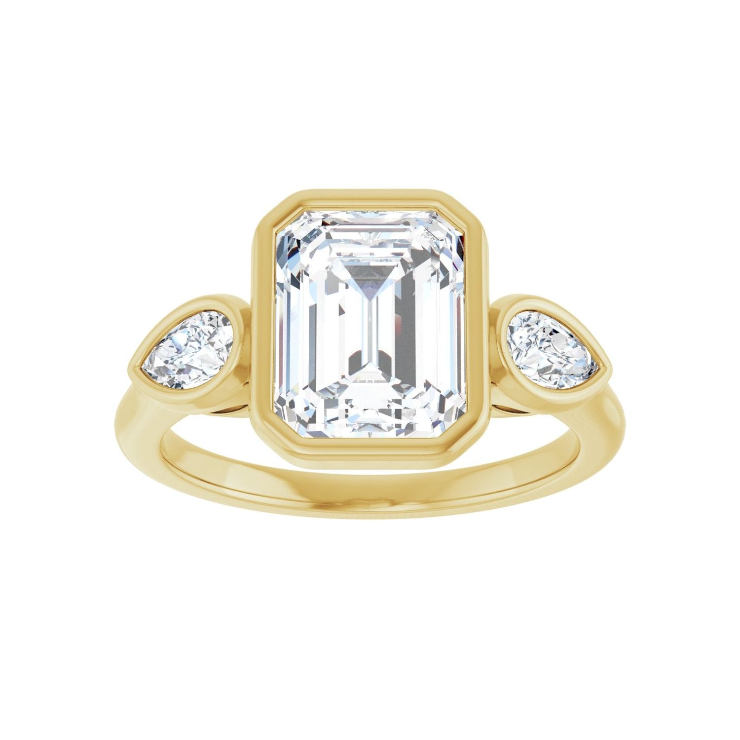 Emerald Bezel-Set Three-Stone Engagement Ring | Metal Type=14K Yellow Gold | Center Stone Size=2.5 CT | Image 3