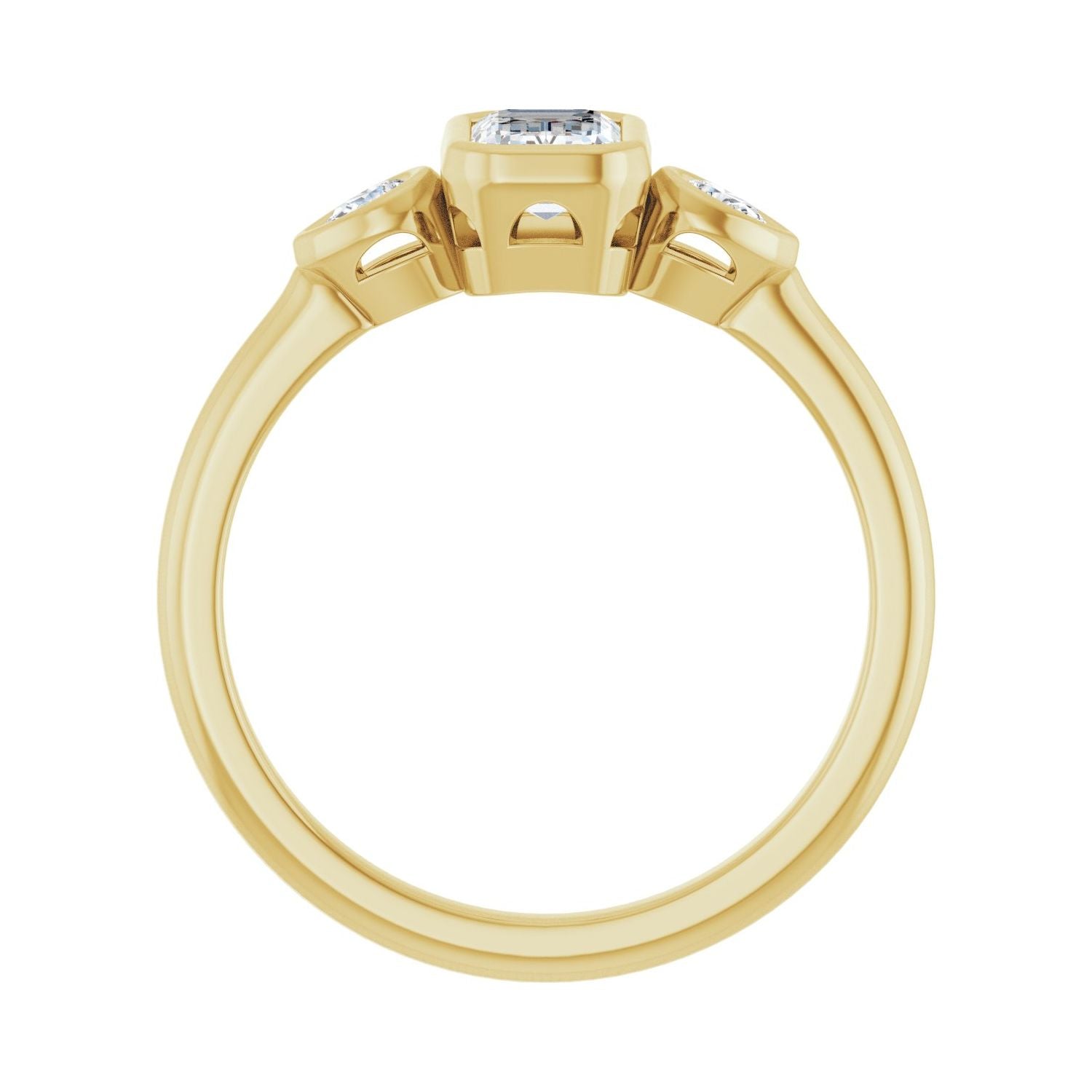 Emerald Bezel-Set Three-Stone Engagement Ring | Metal Type=14K Yellow Gold | Center Stone Size=1 CT | Image 2