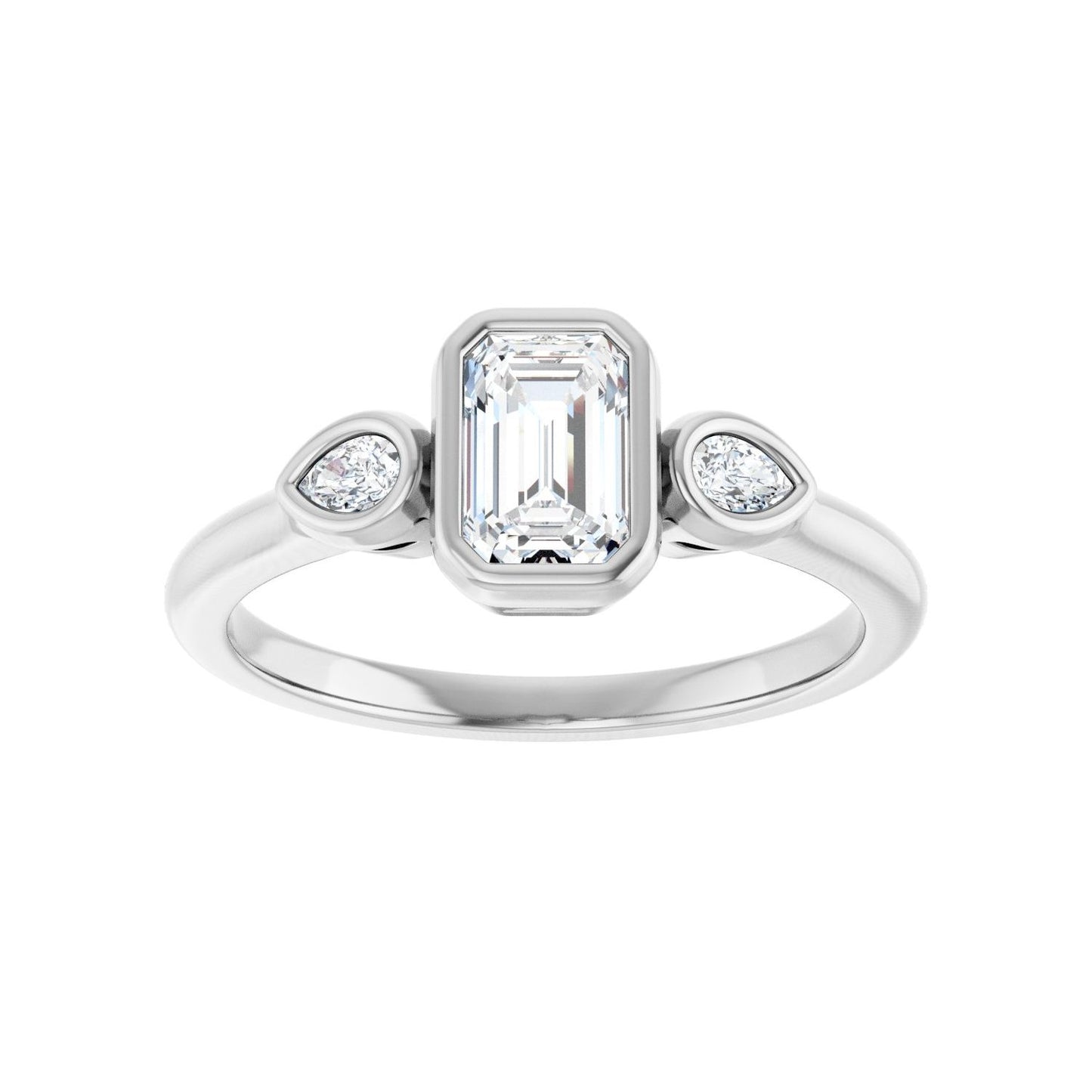 Emerald Bezel-Set Three-Stone Engagement Ring | Metal Type=14K White Gold | Center Stone Size=1 CT | Image 3