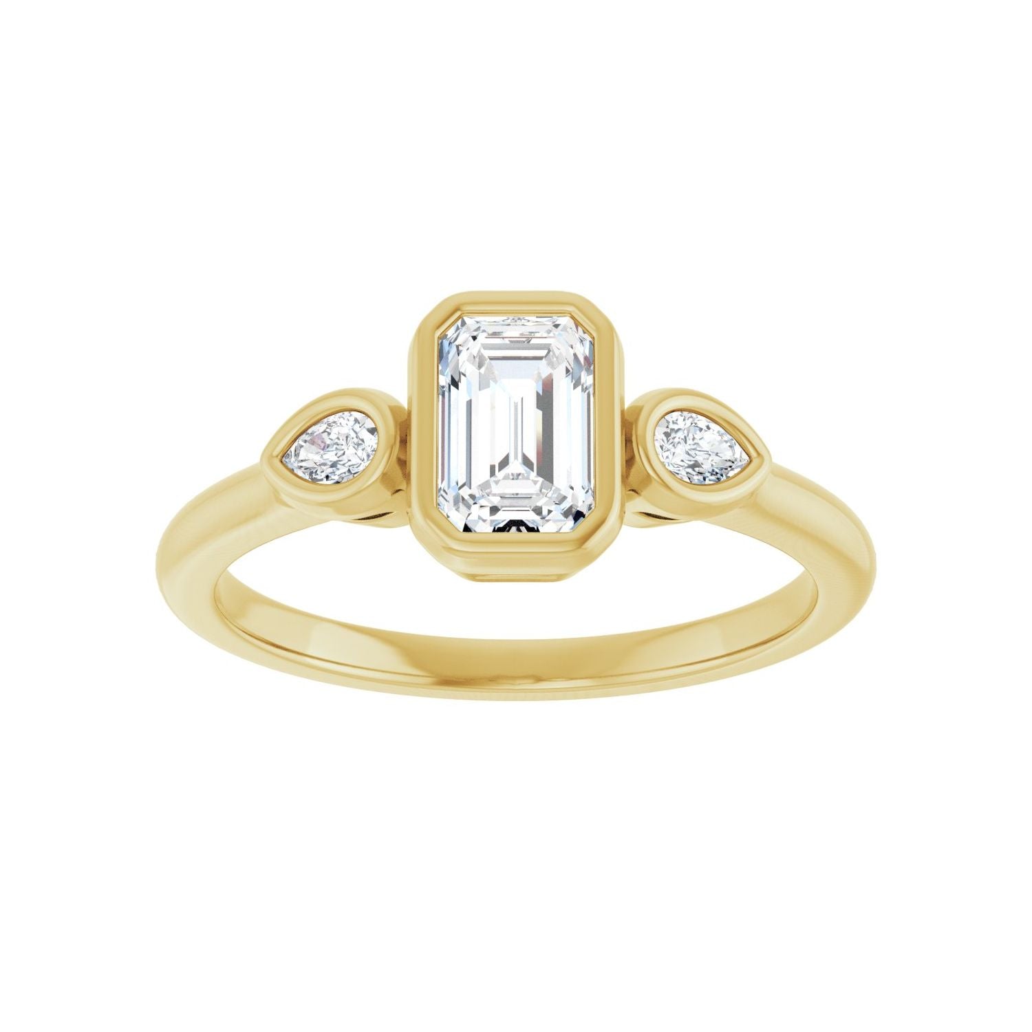 Emerald Bezel-Set Three-Stone Engagement Ring | Metal Type=14K Yellow Gold | Center Stone Size=1 CT | Image 3