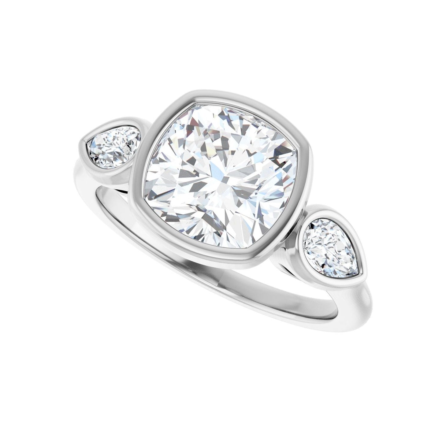 Cushion Bezel-Set Three-Stone Engagement Ring | Metal Type=14K White Gold | Center Stone Size=3 CT | Image 5