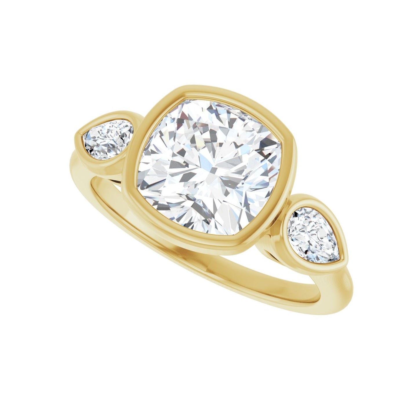 Cushion Bezel-Set Three-Stone Engagement Ring | Metal Type=14K Yellow Gold | Center Stone Size=3 CT | Image 5