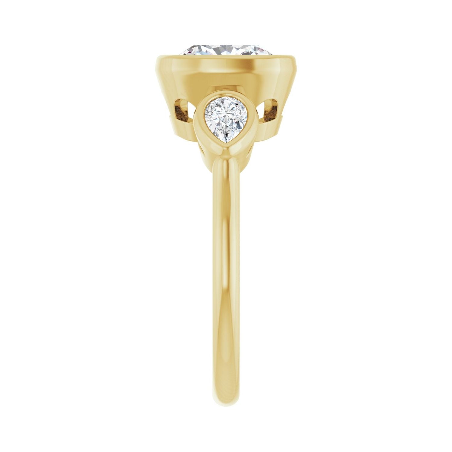 Cushion Bezel-Set Three-Stone Engagement Ring | Metal Type=14K Yellow Gold | Center Stone Size=3 CT | Image 4