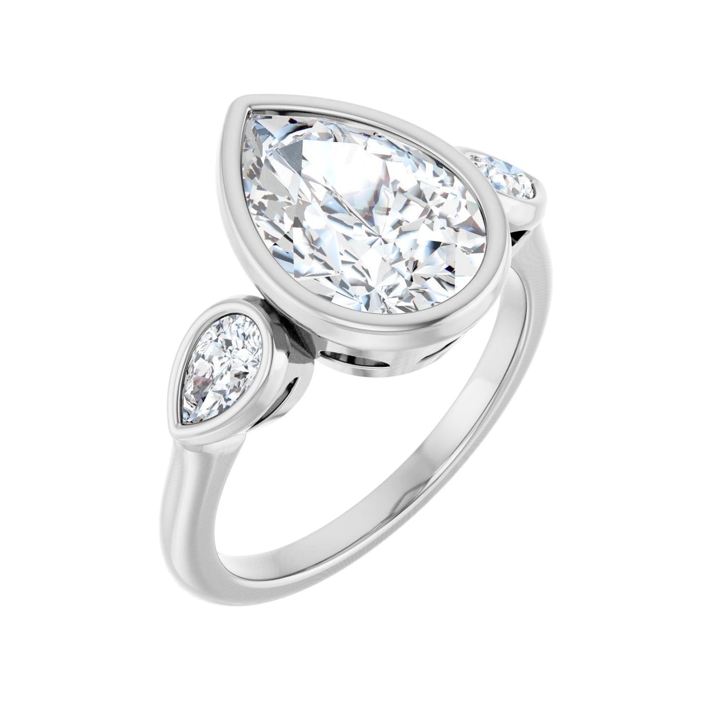 Pear Bezel-Set Three-Stone Engagement Ring | Metal Type=14K White Gold | Center Stone Size=3 CT | Image 1